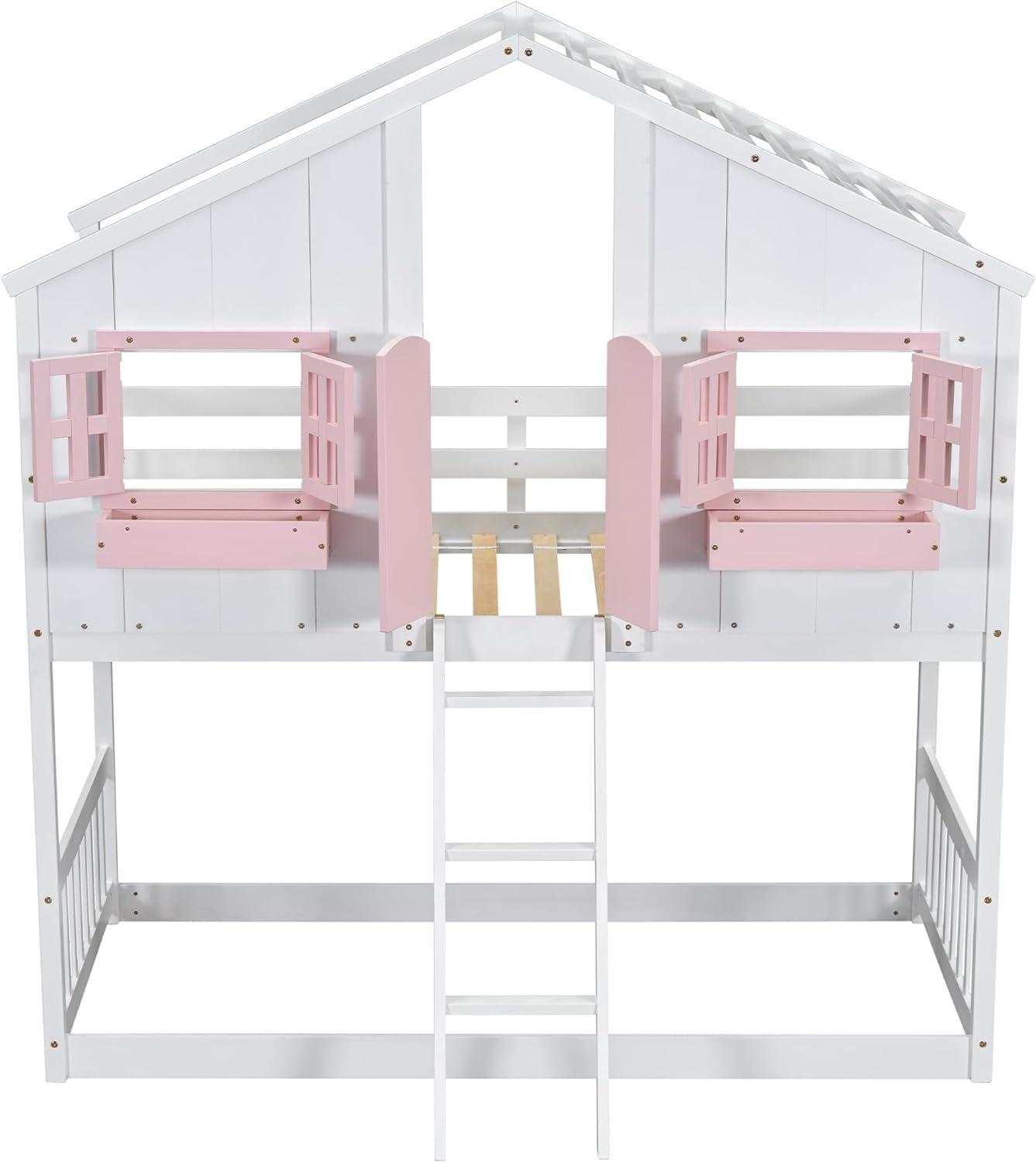 HighSound Twin Over Twin House Bunk Bed Frame with Roof, Window, Ladder and Safety Guardrails for Boys Girls, White & Pink