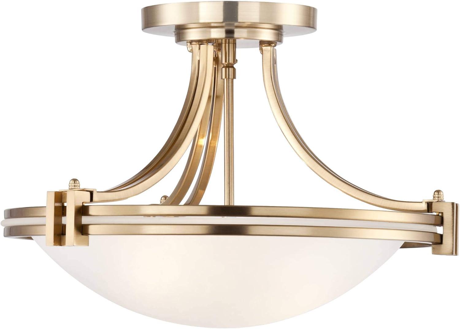 Possini Euro Design Deco Modern Ceiling Light Semi Flush Mount Fixture 16" Wide Warm Brass 2-Light White Glass Bowl for Bedroom Kitchen Living Room