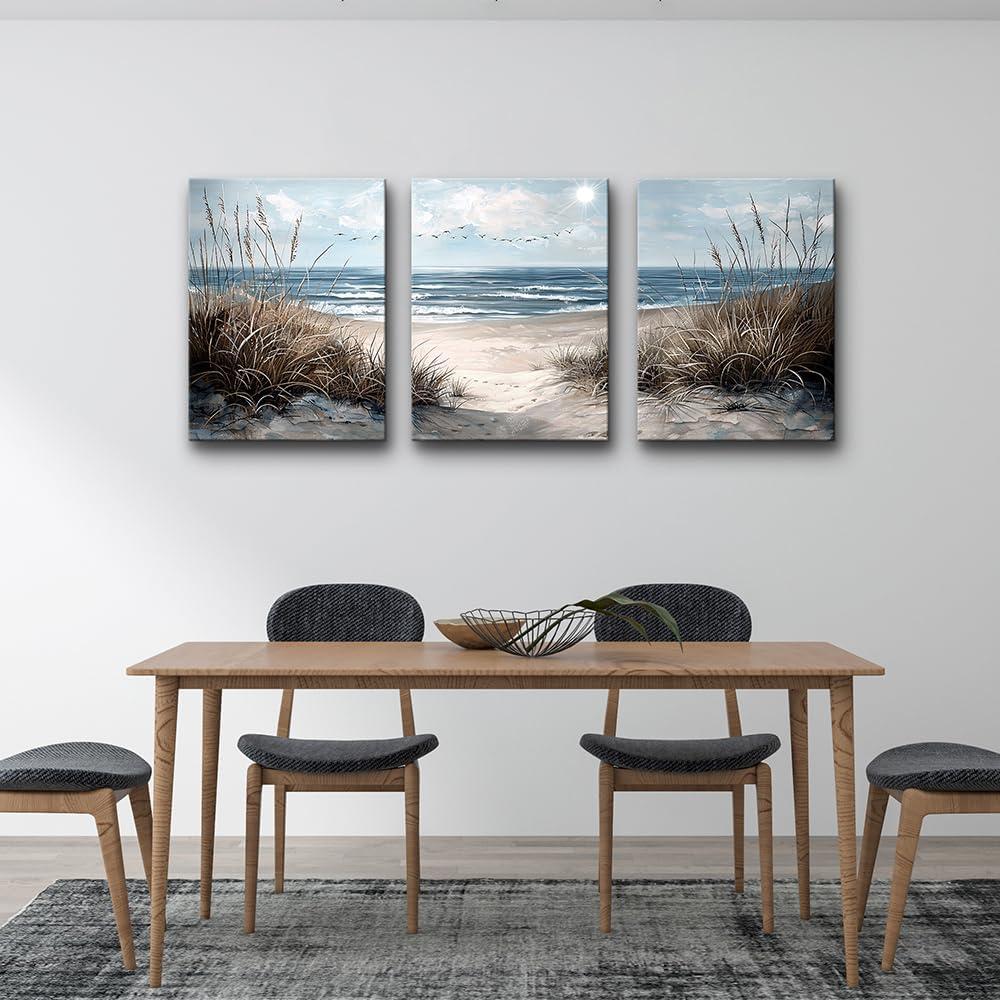 SERIMINO Beach Canvas Wall Art for Living Room, Blue Coastal Wall Decor for Bedroom, Seaside Pictures for Bathroom Wall Decoration, Ocean Painting Set for Office, Home Decor for Wall