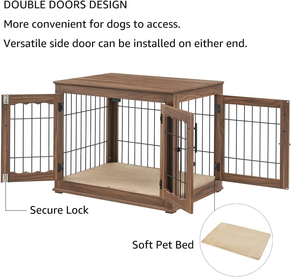 Unipaws Pet Crate End Table, Double Doors Wooden Wire Dog Kennel with Pet Bed, Medium Dog Crate, Walnut