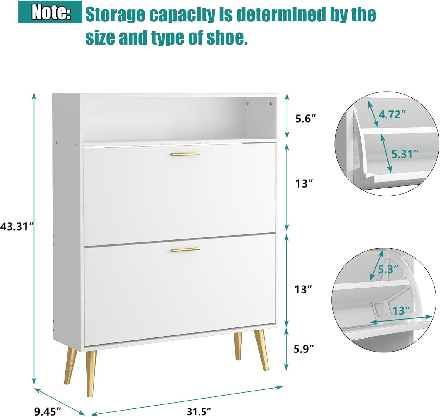 Shoe Cabinet Storage for Entryway  Freestanding Slim Shoe Organizer Cabinet with 2 Flip Drawers  Narrow Shoe Rack with Open Shelves for Hallway  Living Room  White