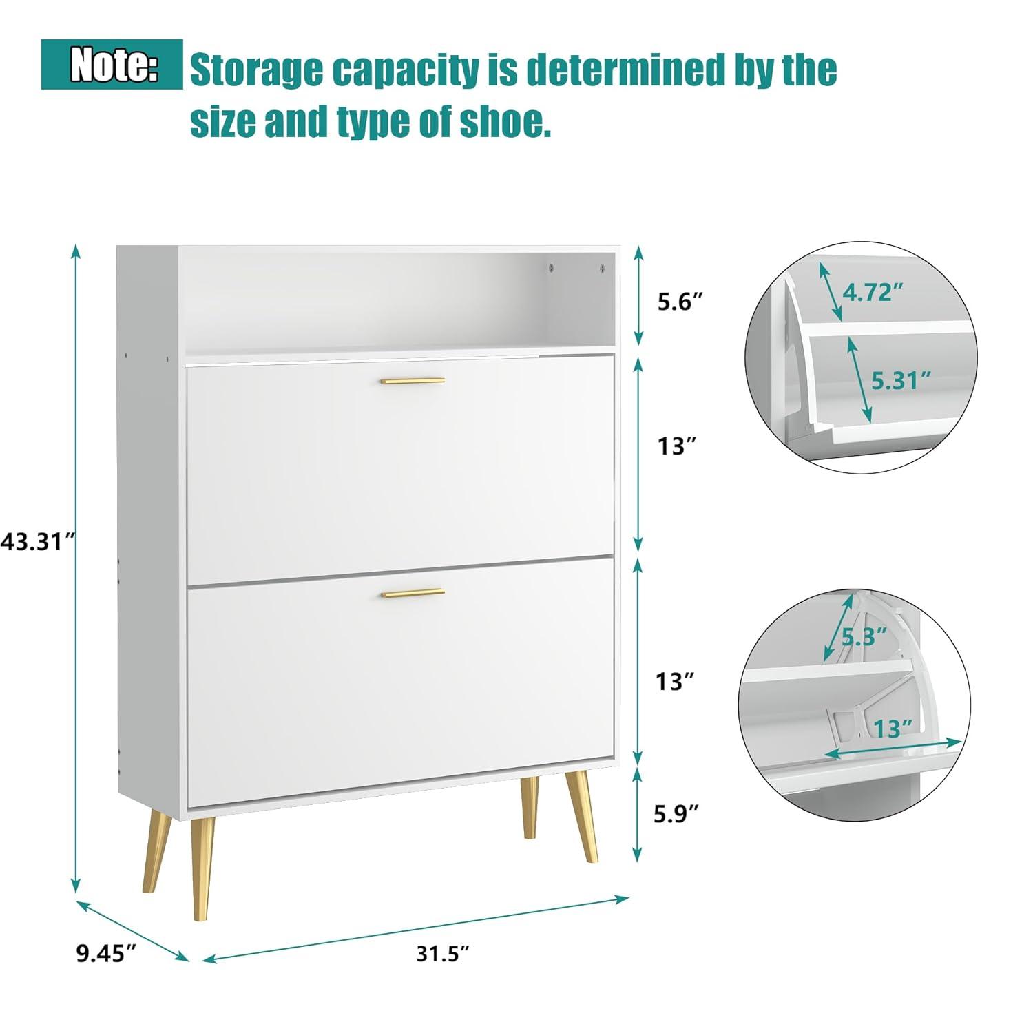 Shoe Cabinet Storage for Entryway  Freestanding Slim Shoe Organizer Cabinet with 2 Flip Drawers  Narrow Shoe Rack with Open Shelves for Hallway  Living Room  White