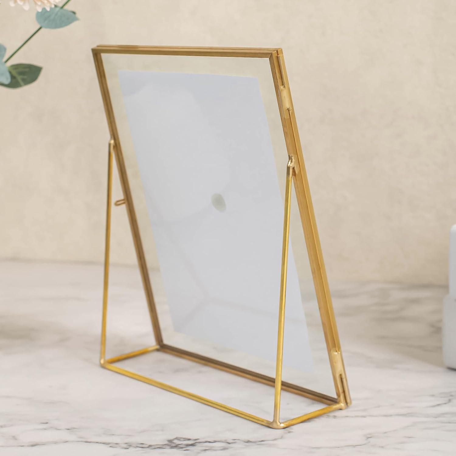 Gold Floating Picture Frame Set of 2, Glass Picture Pressed Flower Frames, Gold Floating Frame for 5x7 Photo Vertical Standing Tabletop Display