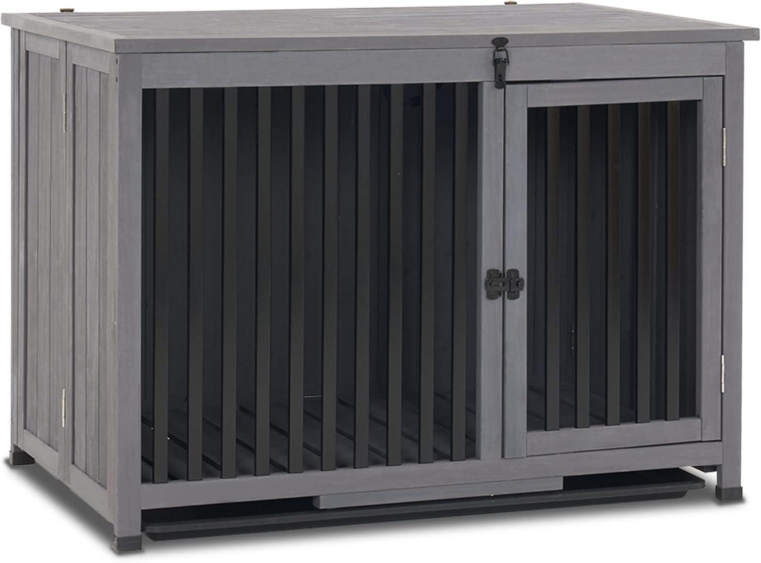 Mcombo Wooden Dog Crate Furniture End Table with Door, No Assembly Portable Foldable Pet Crate Dog Kennel Indoor with Removable Tray (Large, Grey), 0650