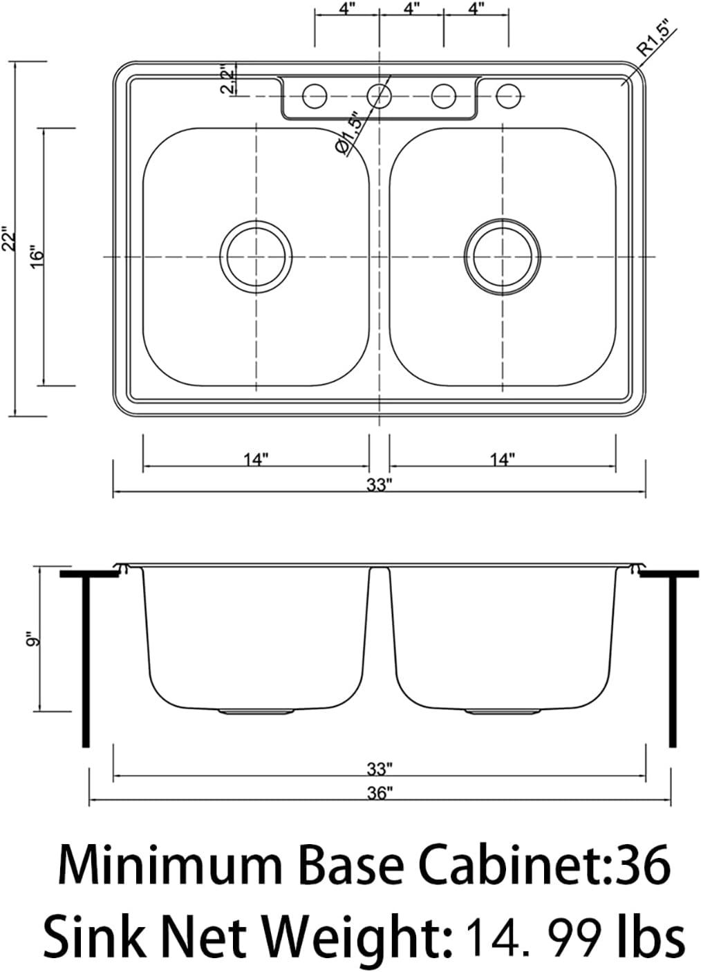 Sinber 33" x 22" x 9" Drop In Double Bowl Kitchen Sink with 18 Gauge 304 Stainless Steel Satin Finish MT3322D-OL (Sink Only)