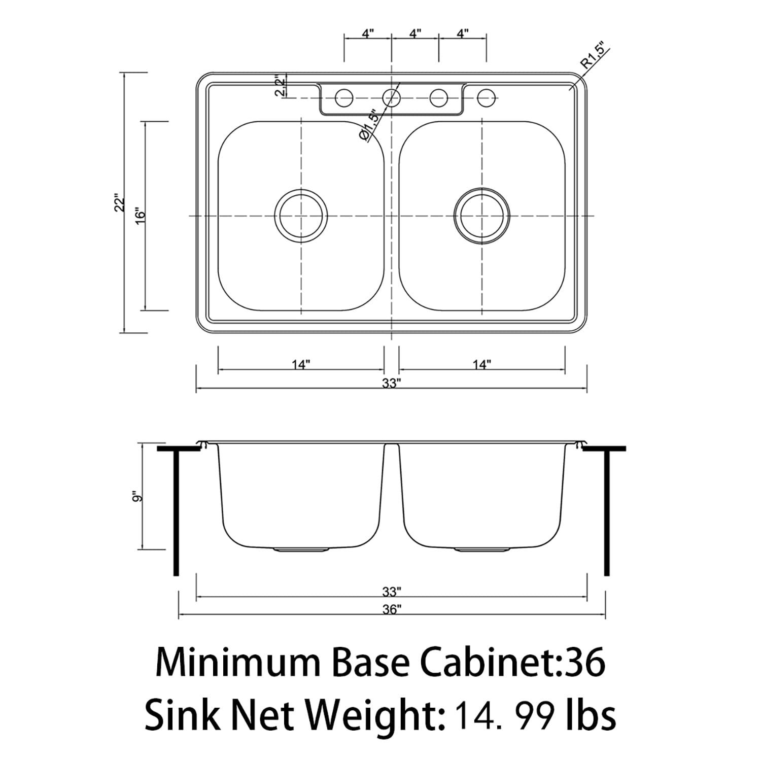 Sinber 33" x 22" Drop In Double Bowl Kitchen Sink with 18 Gauge 304 Stainless Steel Satin Finish