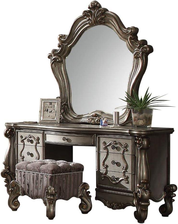 Antique Platinum Versailles Vanity Desk with Bench and Mirror