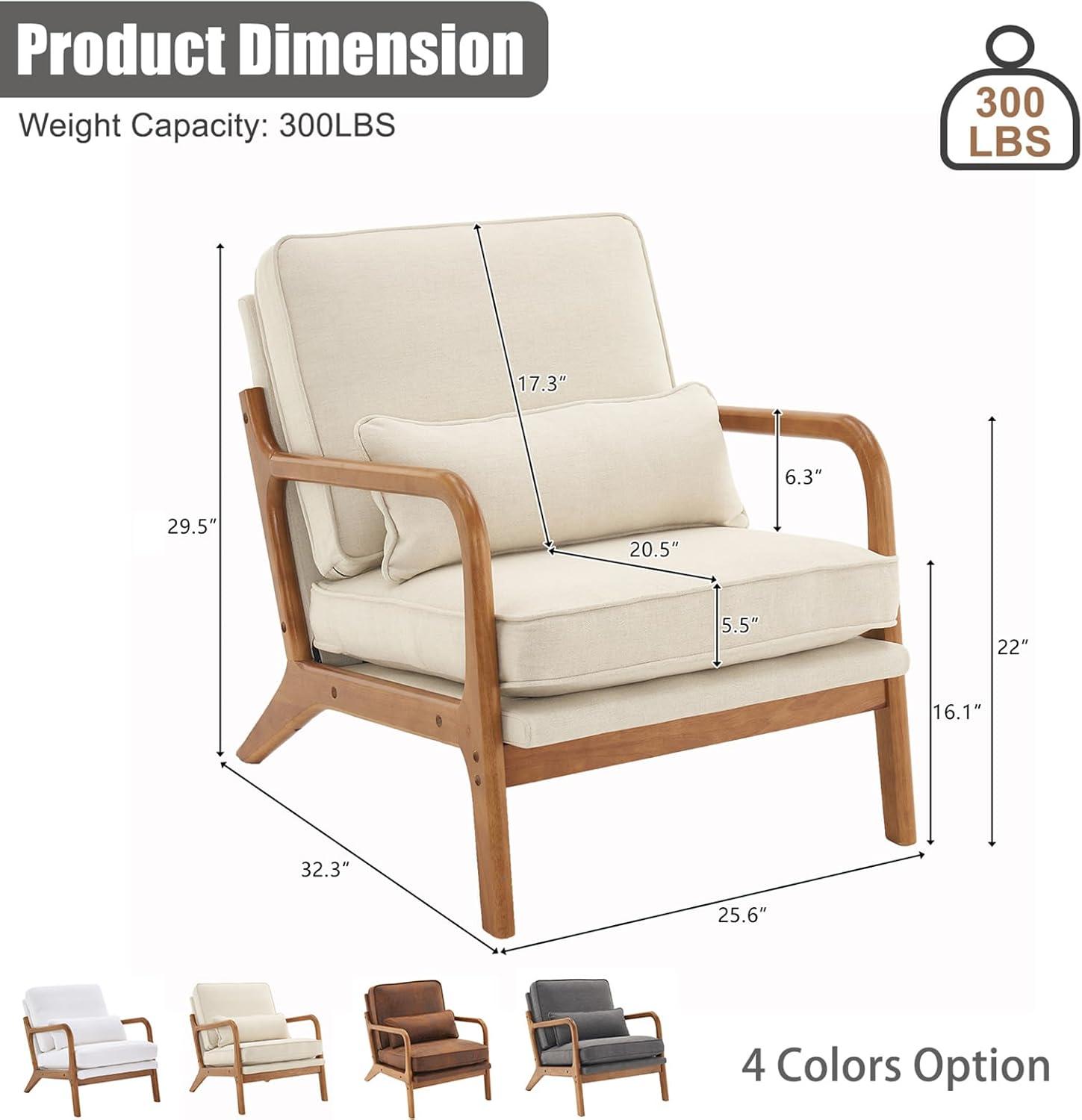 Beige Linen Armchair with Wood Frame and Pillow