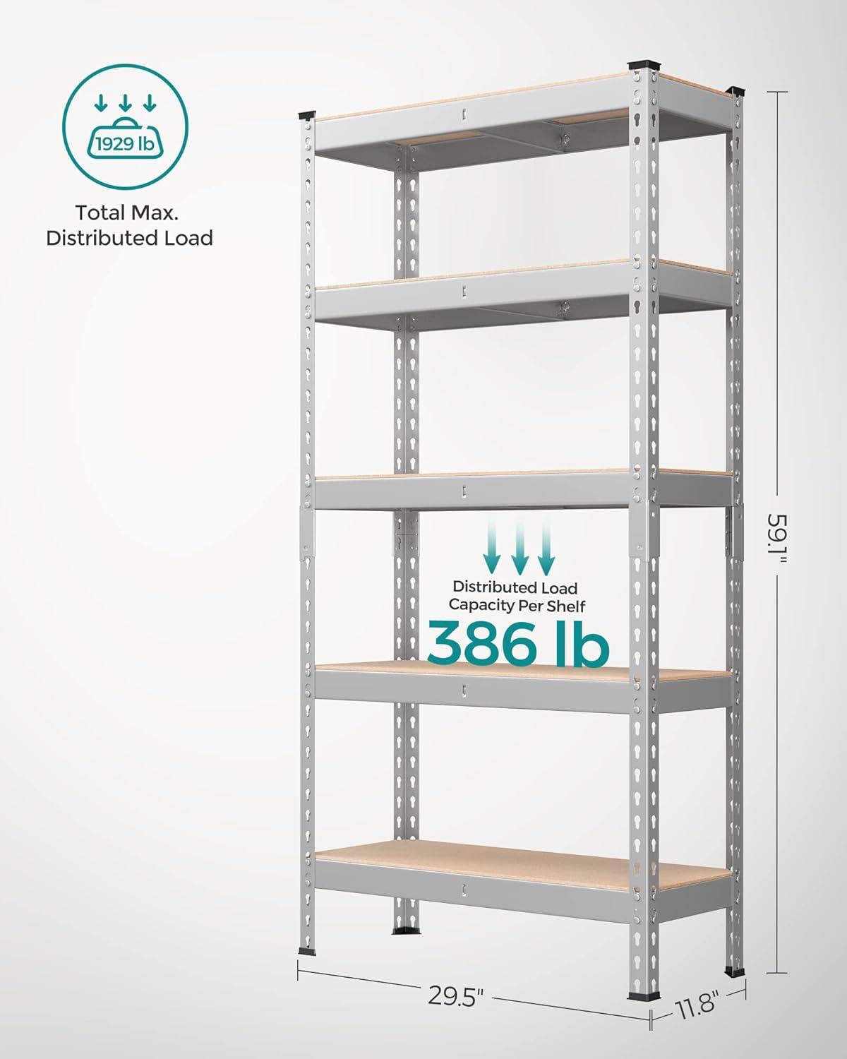 SONGMICS 5-Tier Storage Shelves Metal Garage Storage Boltless Assembly Adjustable Shelving Unit 11.8 x 29.5 x 59.1 inches Load 1929 lb for Shed Warehouse Basement Kitchen Silver
