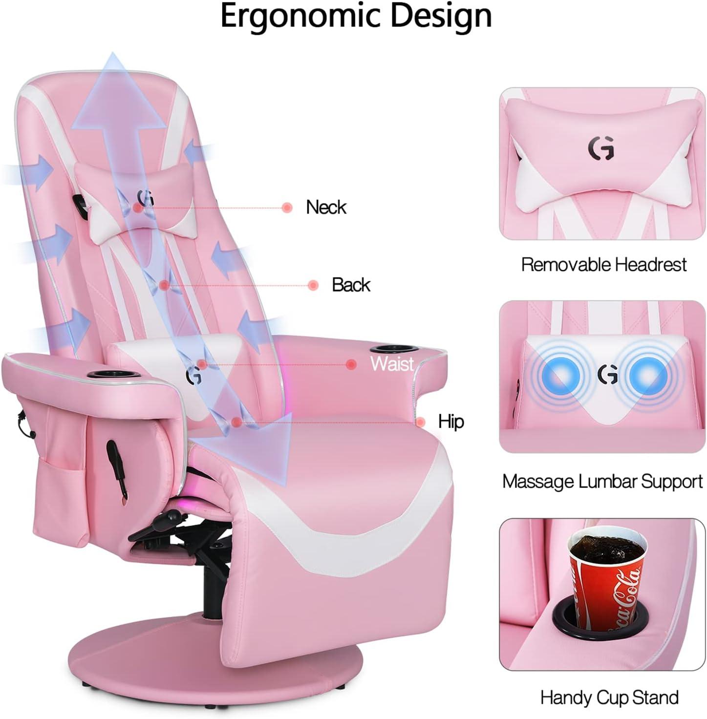 Queen Throne Video Gaming Chair Ergonomic Recliner Racing Chair, High Back Swivel Chair with Footrest and Adjustable Backrest, Lumbar Support, Headrest and Cupholders, Pink White