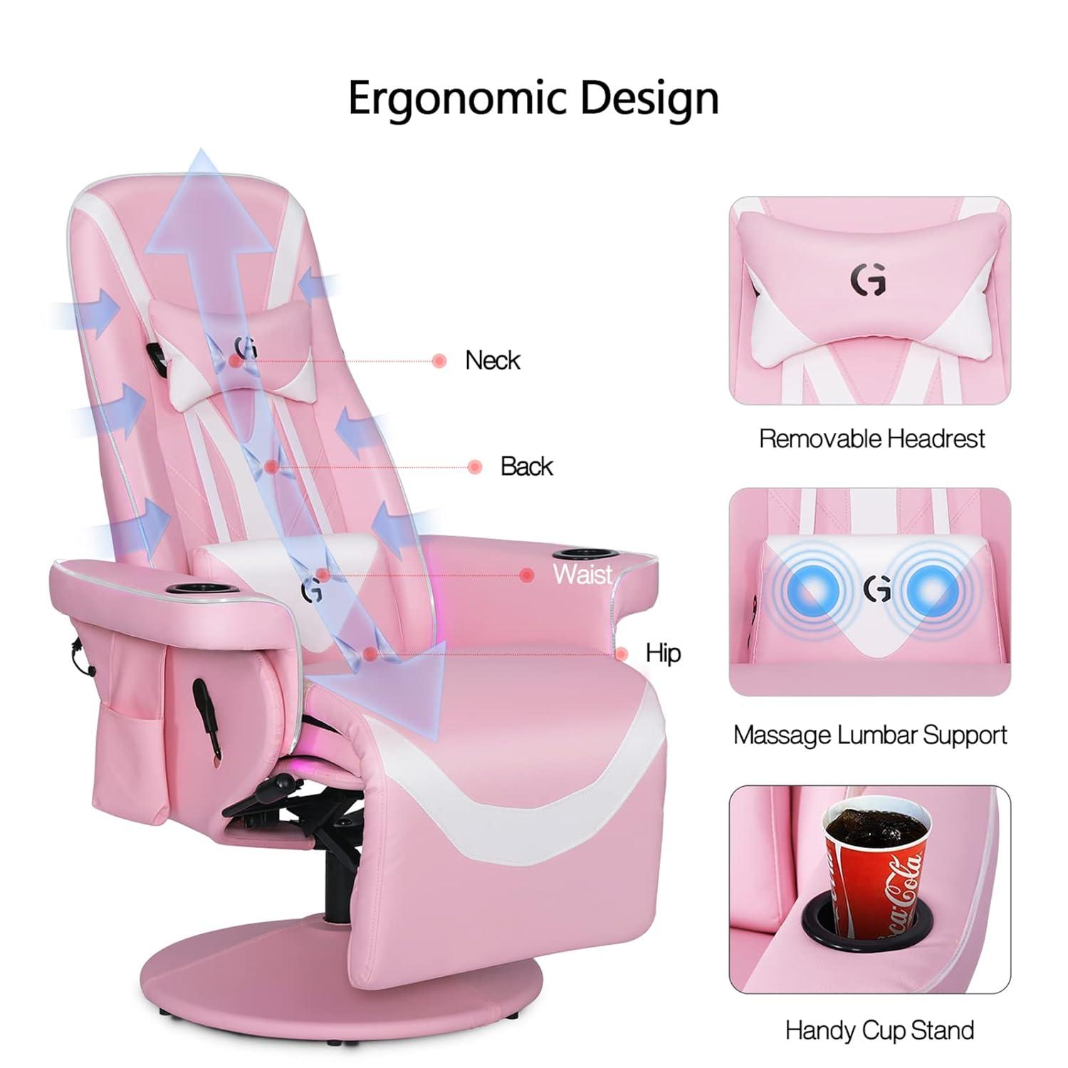 Queen Throne Video Gaming Chair Ergonomic Recliner Racing Chair, High Back Swivel Chair with Footrest and Adjustable Backrest, Lumbar Support, Headrest and Cupholders, Pink White