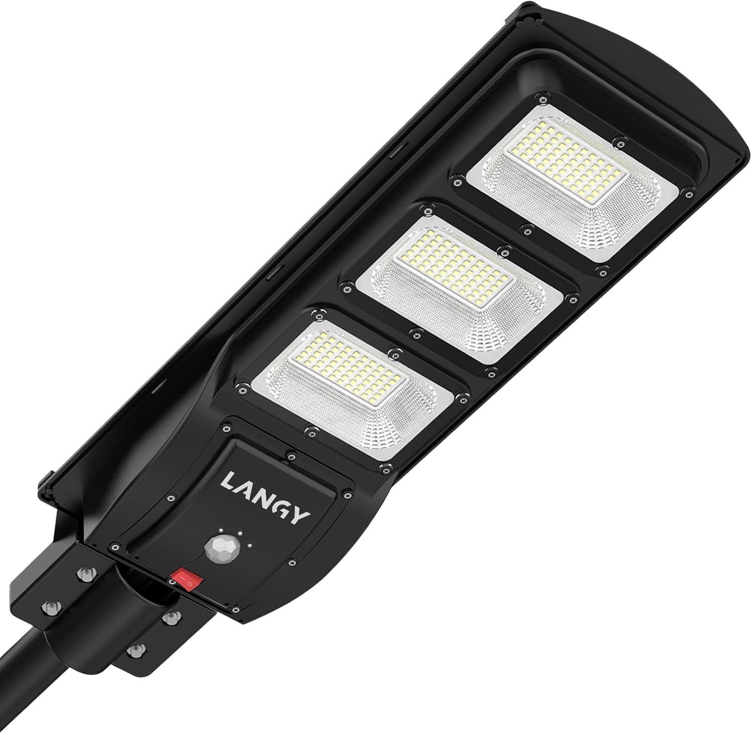LANGY Solar Street Light Upgraded 9000 Lumens, 180 PCS LED Solar Powered Street Lamp Outdoor, 15000 mAh Battery, PIR Motion Sensor, 6000K, Dusk to Dawn Security Led Post Street Light