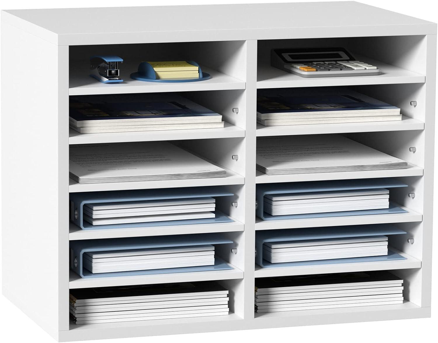 White Adjustable 12-Compartment Wood Literature Organizer