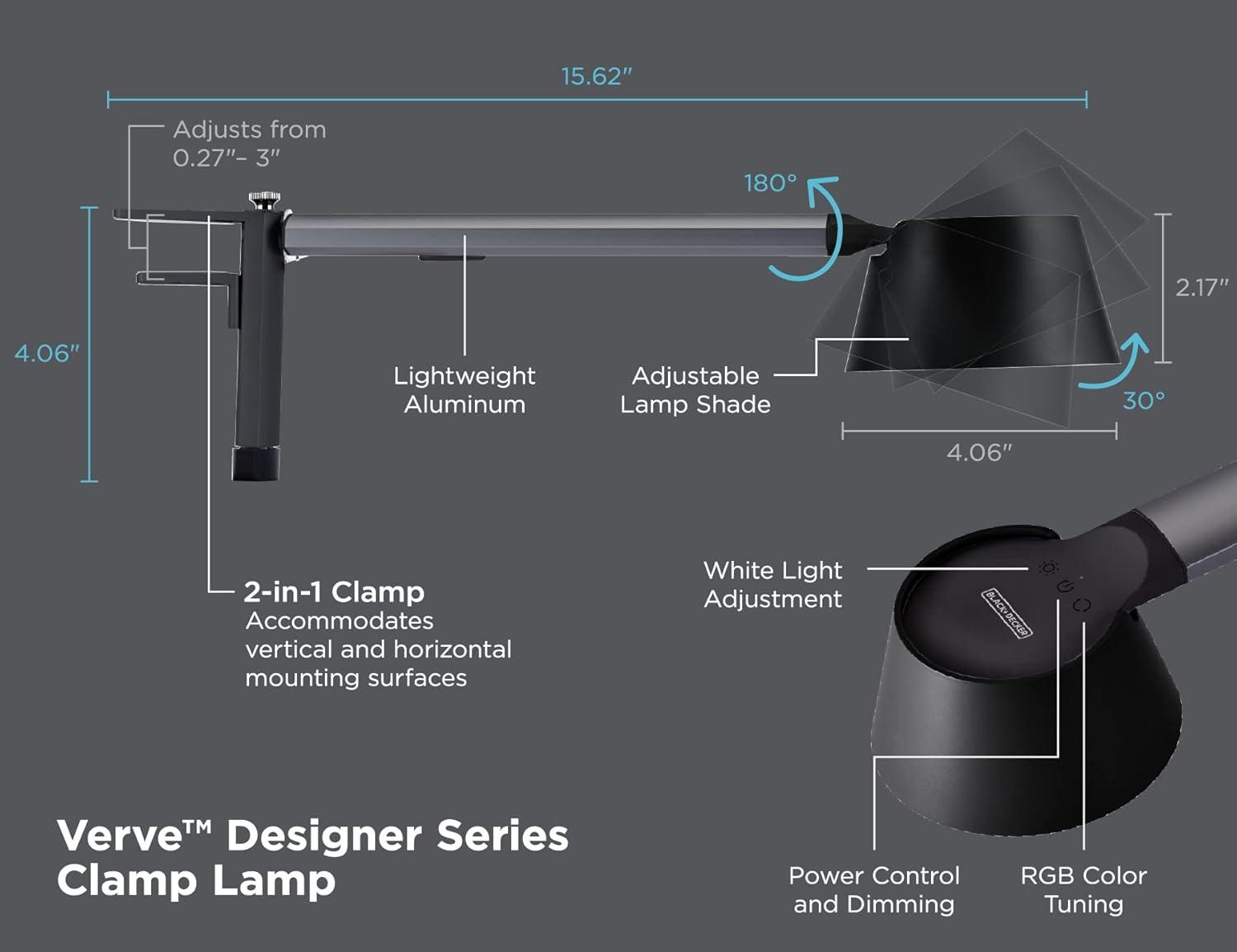 BLACK+DECKER Verve Designer LED Clamp Light, Fits Shelves, Cubicles & Headboards, True White LED + 16M RGB Colors