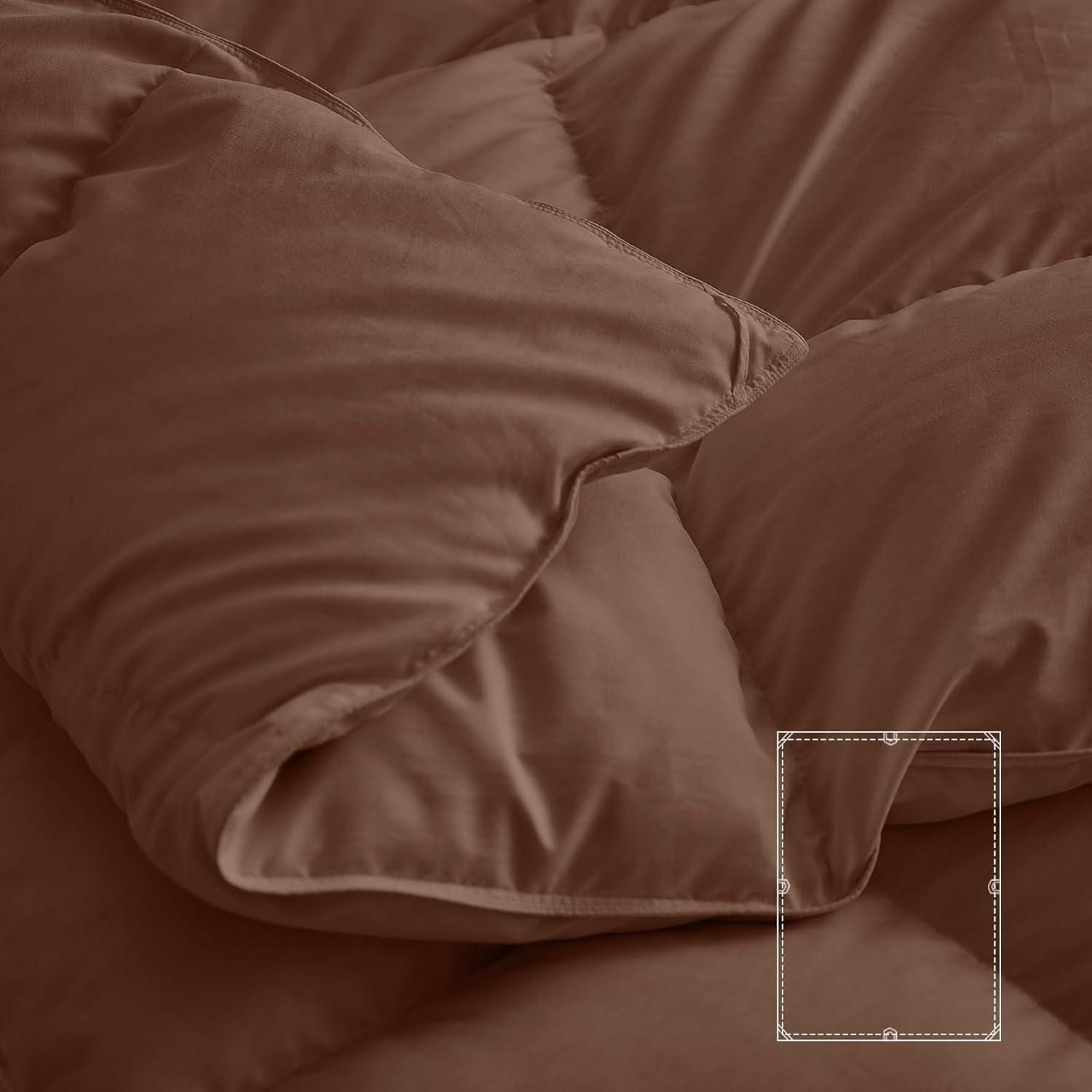 zzlamb Lightweight Feather Down Comforter Brown, All Season Warm Duvet Insert for Queen Bed, Durable Cotton-Blended Down Proof Shell Duvet with Corner Tabs, Queen Size 90''x90'' Brown