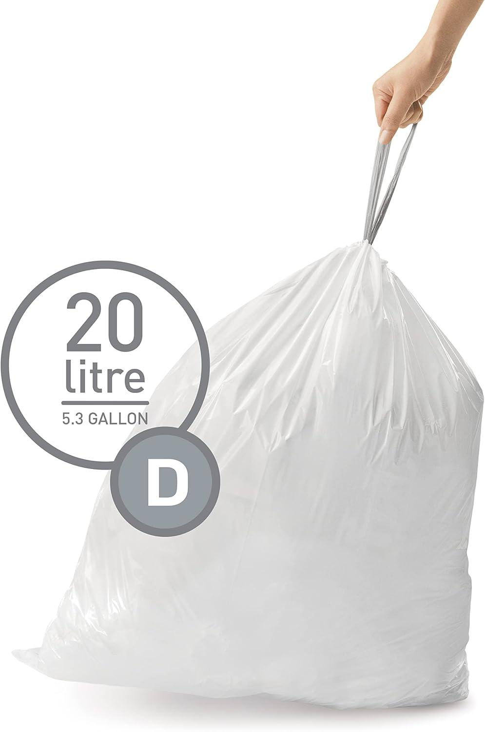 simplehuman 20L Code D Custom Fit Kitchen Trash Bag Liners 5 Quick-Dispense Packs - 100ct: Unscented, Drawstring, White