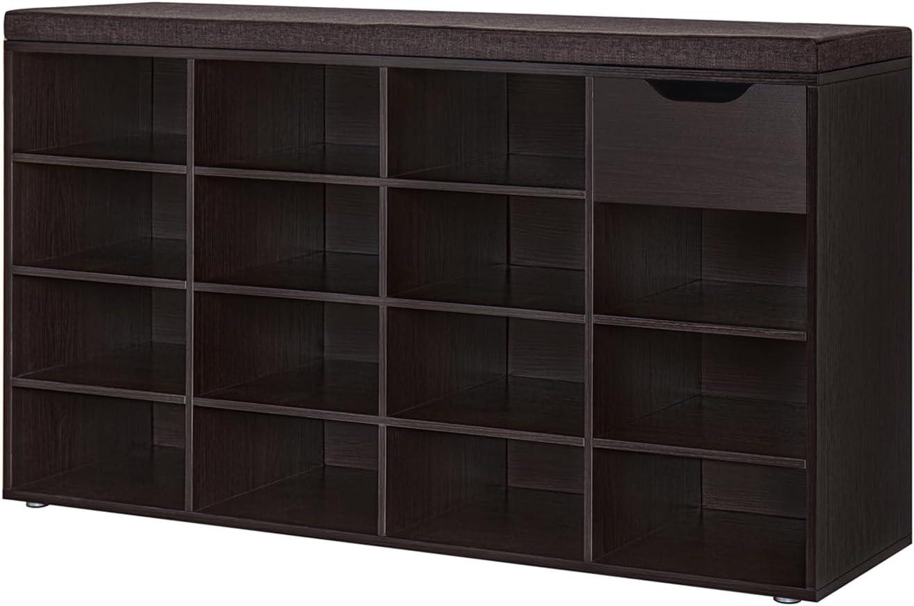 VASAGLE Shoe Rack Bench with Cushion 15-Cube Storage Bench Storage Cabinet for Entryway Espresso