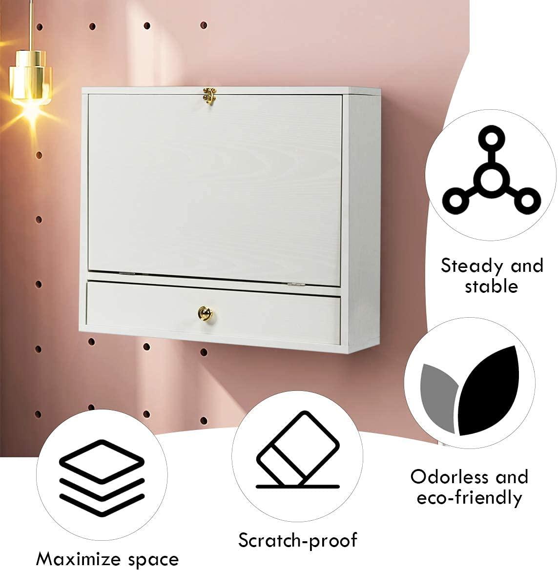 TrendSage Wall Mounted Table, Multifunctional Folding Hanging Storage Cabinet, Space Saving Computer Desk w/Storage Drawer and Shelves, Wall Mount Laptop Desk for Home Office (White)