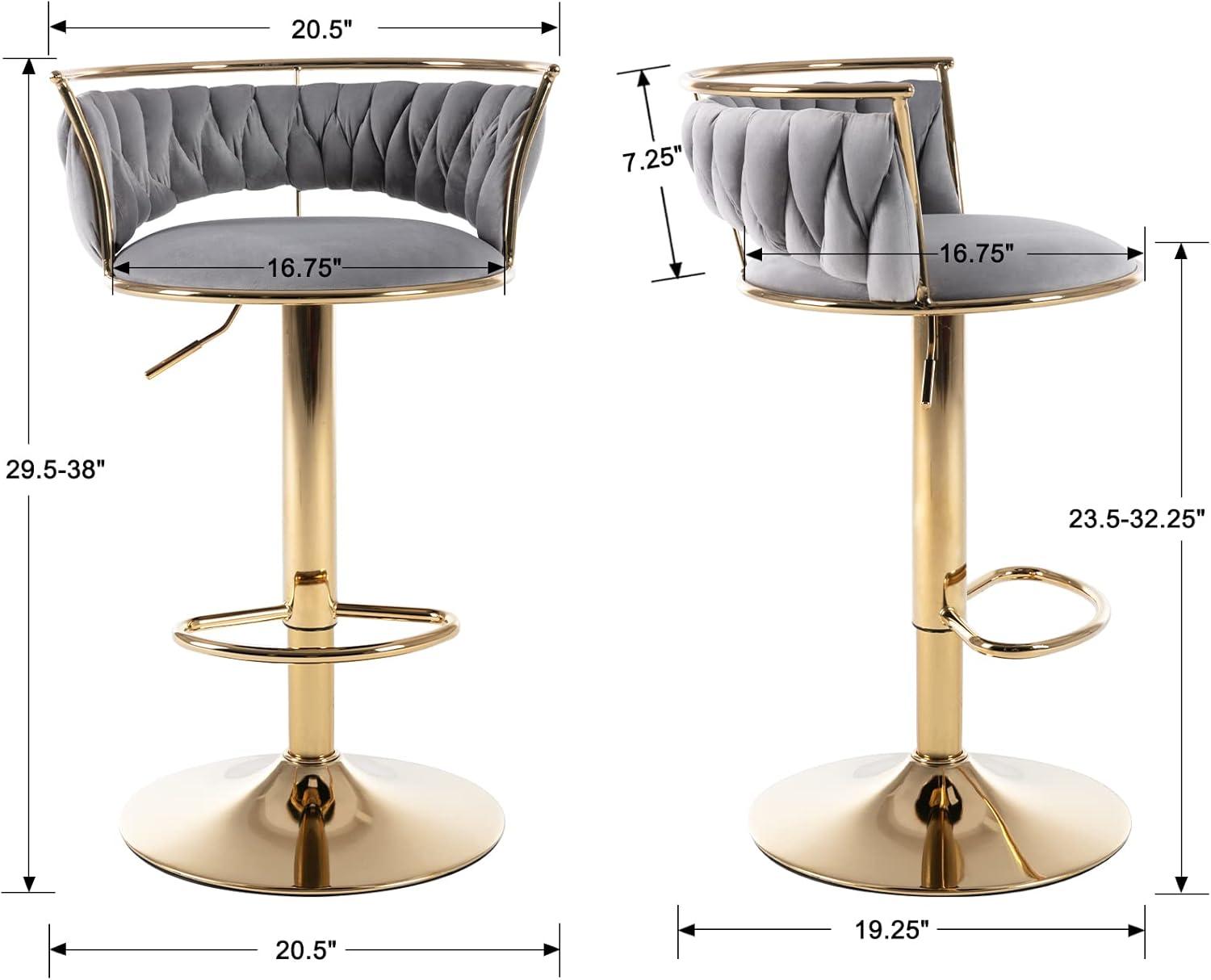 Velvet Bar Stools Set of 2, Counter Height Bar Stools with Low Back, Gold Swivel Barstools for Kitchen Island, Bar Pub (Grey)
