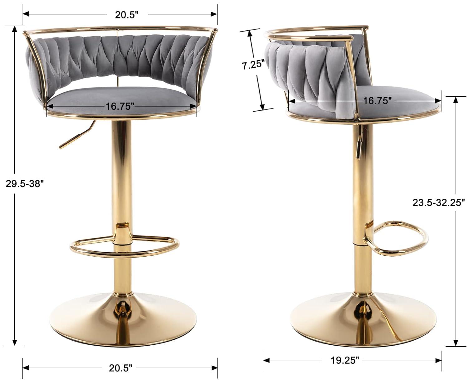 Velvet Bar Stools Set of 2, Counter Height Bar Stools with Low Back, Gold Swivel Barstools for Kitchen Island, Bar Pub (Grey)