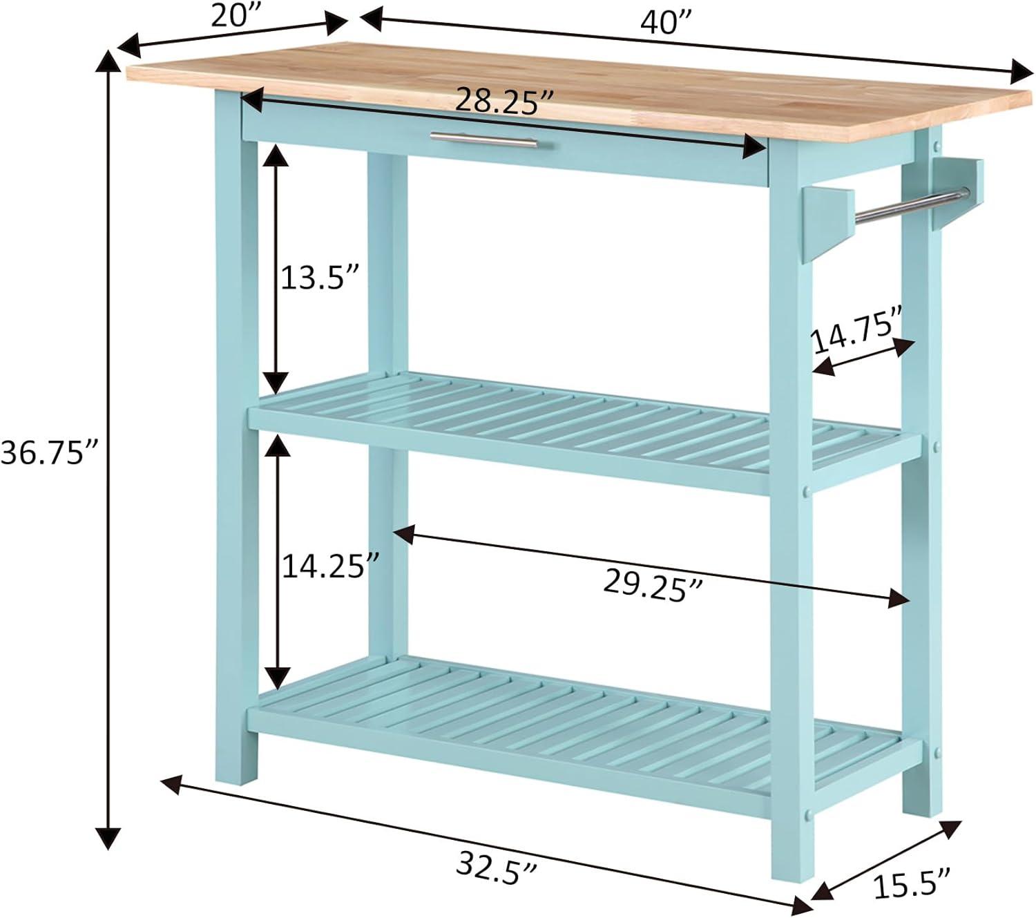 Convenience Concepts Designs2Go 3 Tier Butcher Block Kitchen Prep Island Cart with Drawer, Sea Foam Blue/Butcher Block