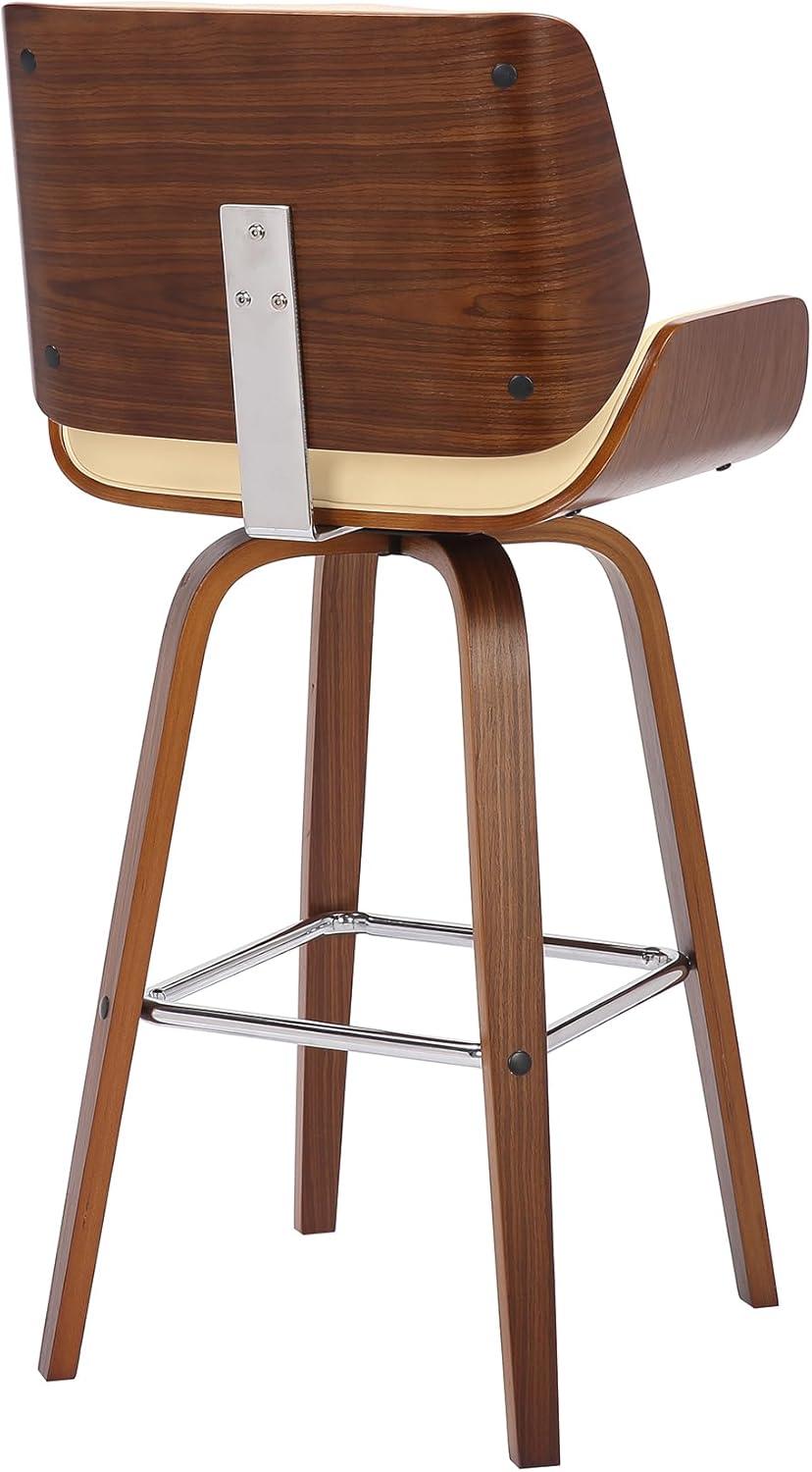 Cream Faux Leather and Walnut Wood Swivel Bar Stool, 26" Seat Height