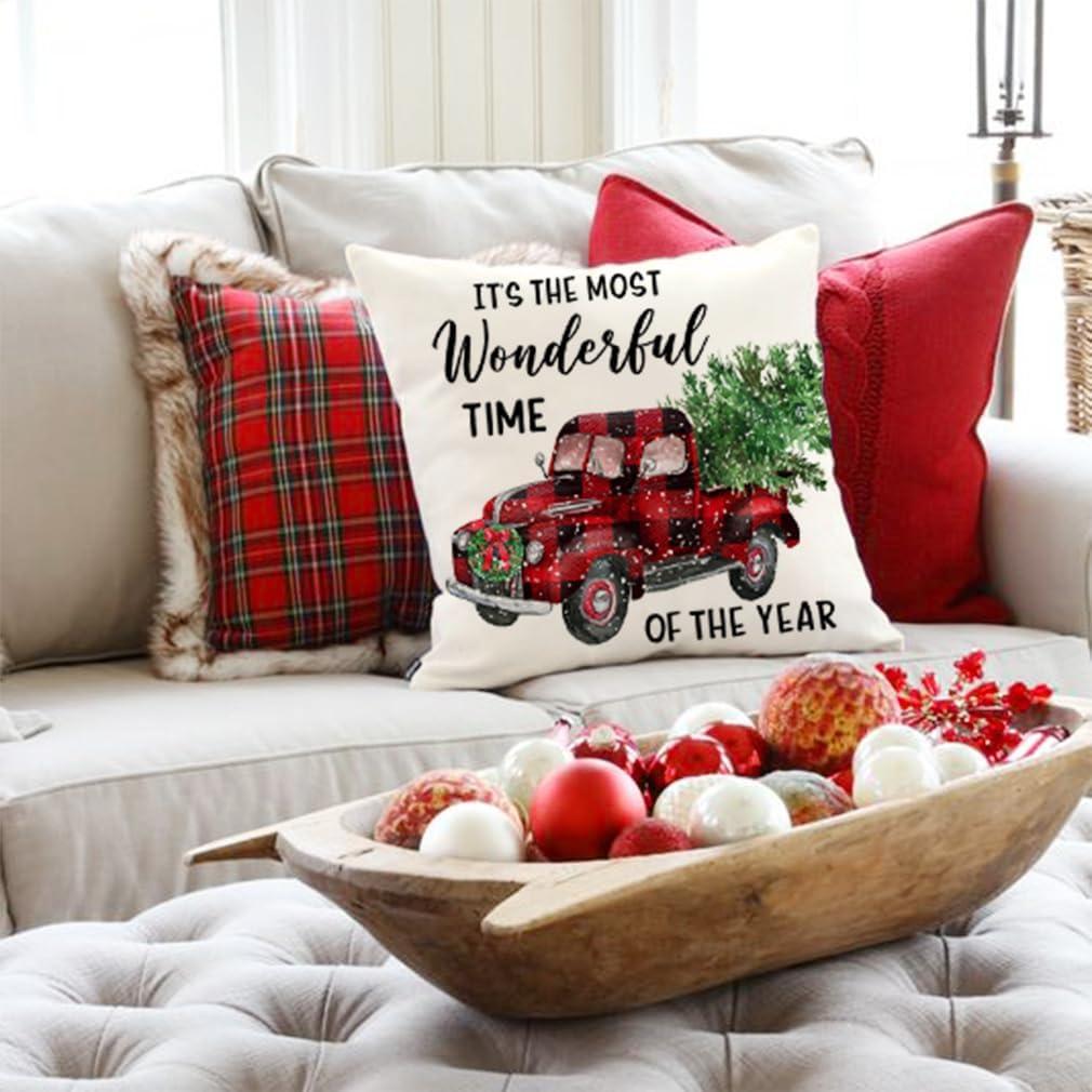 BEAUTY Merry Christmas Throw Pillow Covers 18 x 18 Inch Set of 4  Red Barn Merry & Bright Xmas Farmhouse Holiday Pillowcases for Home Outdoor Decoration CP053-18