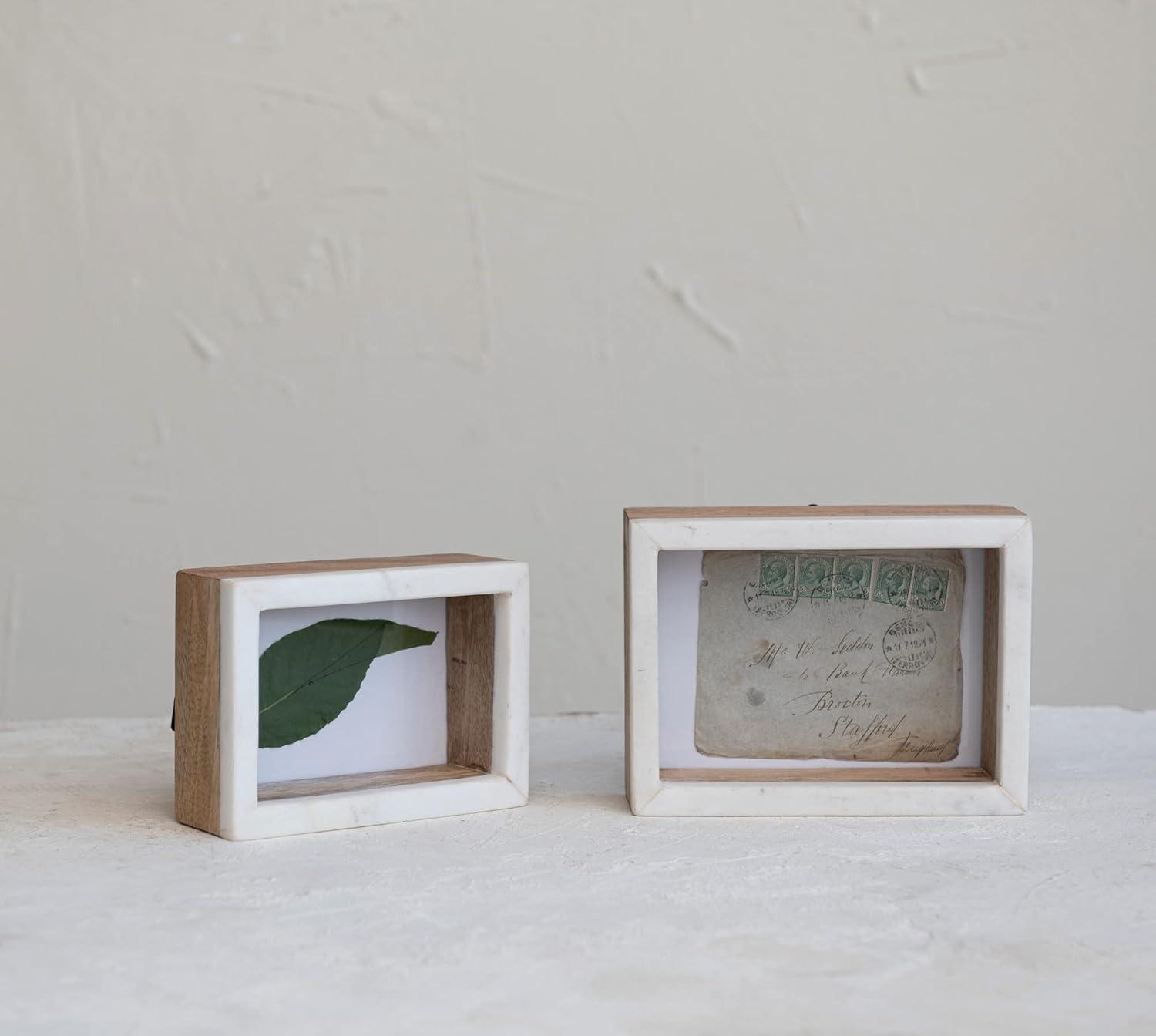 White and Natural Marble and Wood Shadow Box Photo Frame