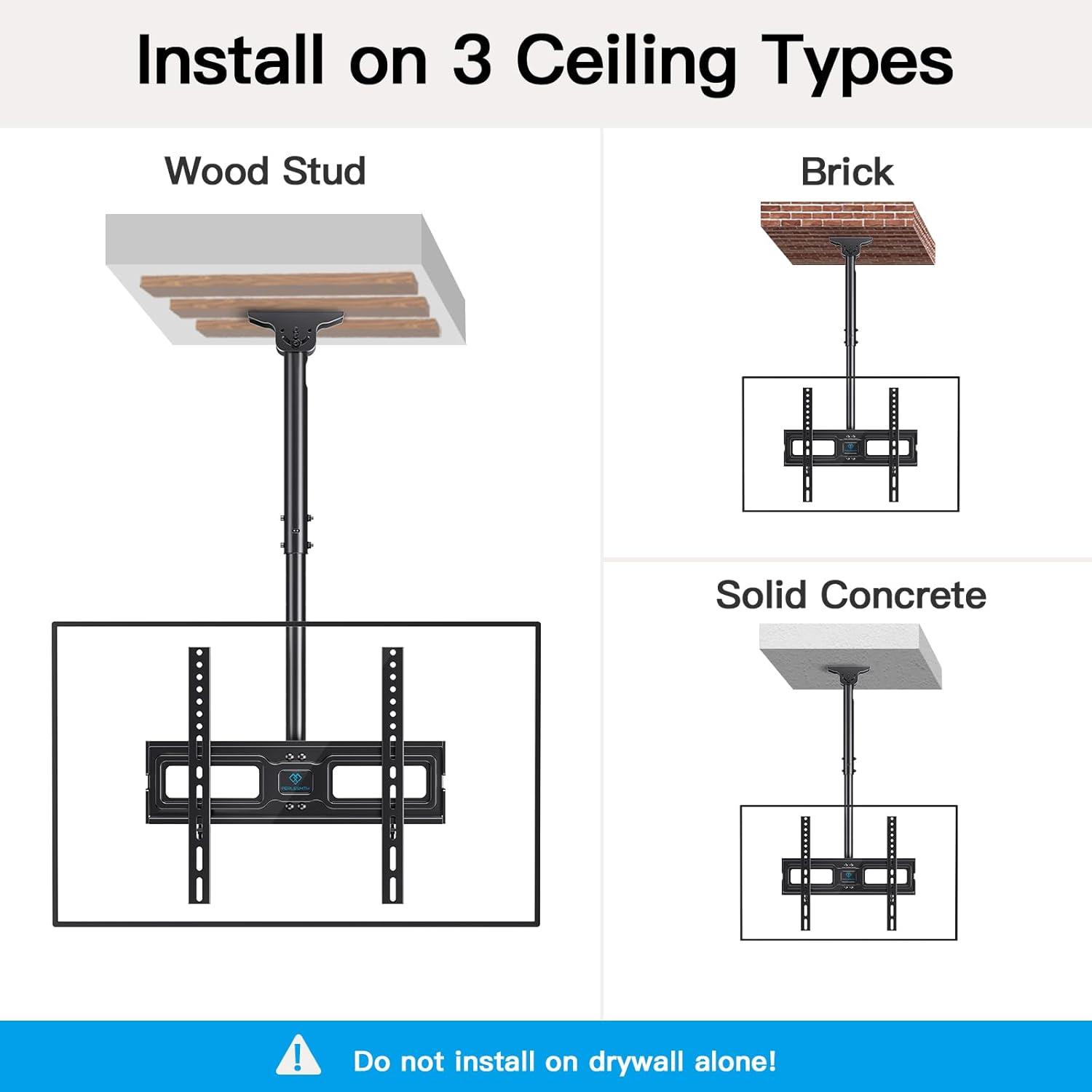 PERLESMITH Ceiling TV Mount for 26-65 inch Flat Screen Displays, Hanging Adjustable Ceiling TV Bracket Fits Most LCD LED OLED 4K TVs, Pole Ceiling Mount Holds up to 110lbs, Max VESA 400x400mm, PSCM2