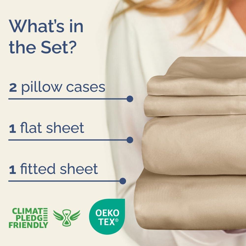 CGK Linens 100% Cotton 400 Thread Count 4 Piece Sheet Set - Soft & Cozy Sateen Bed Sheets in Cream, Size Queen