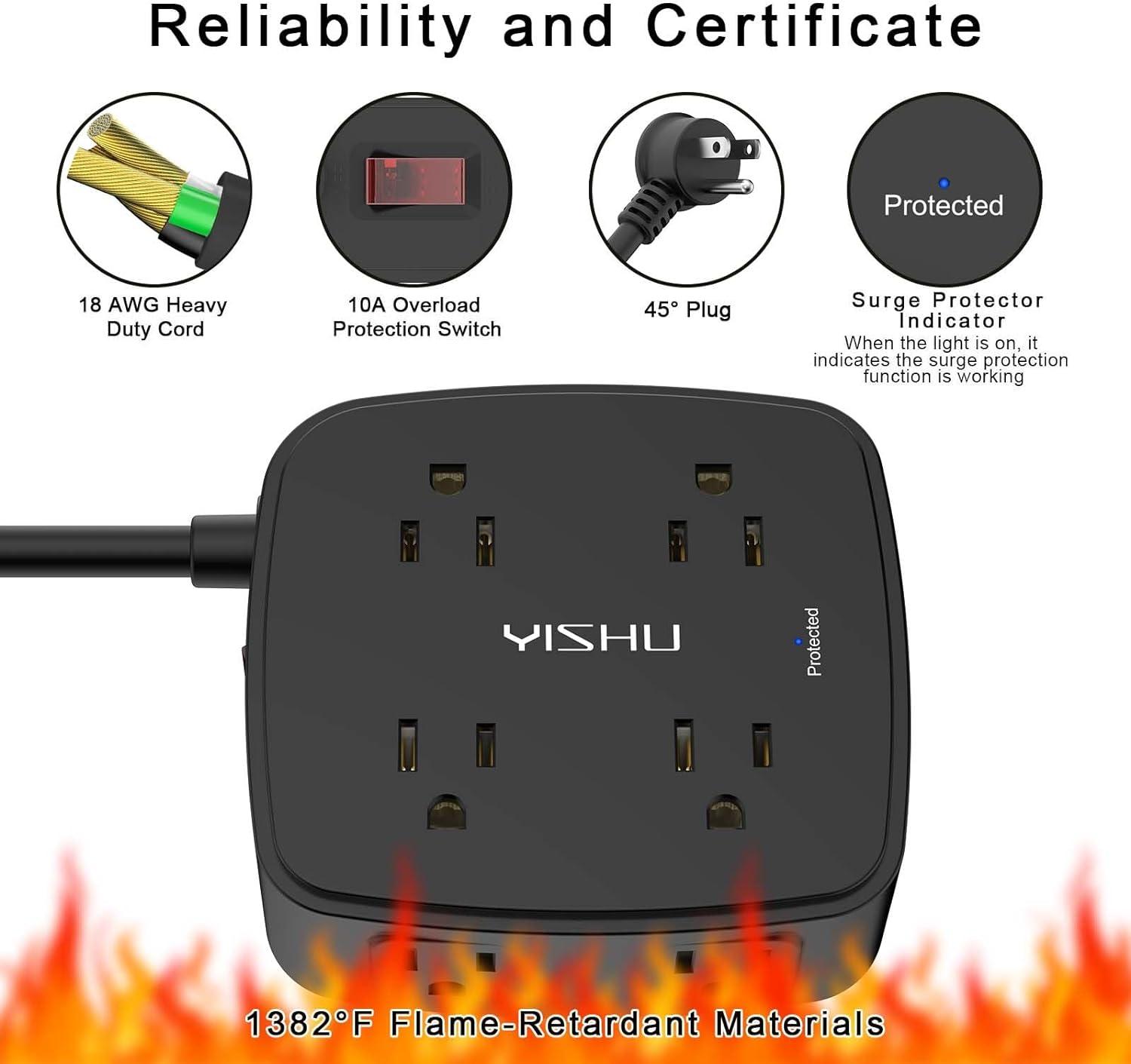 Black 6 Ft Fire Resistant Power Strip with USB Ports