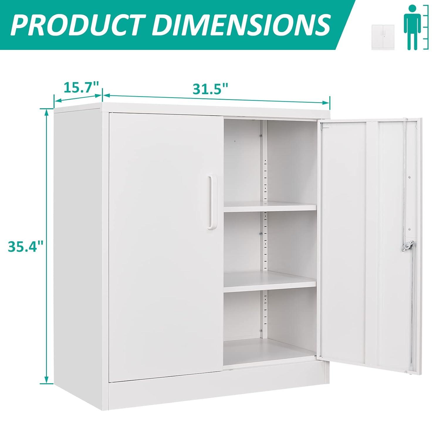 Metal Storage Cabinets with Shelves and Doors, Sideboard Buffet Cabinet for Kitchen, Entryway, Living Room, Home Office, Garage, Utility Room and Basement, 36.2" H x 31.5" W x 15.7" D (White)
