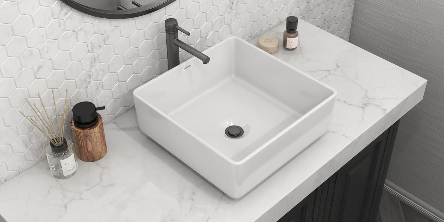 White Ceramic Square Above-Counter Vessel Sink