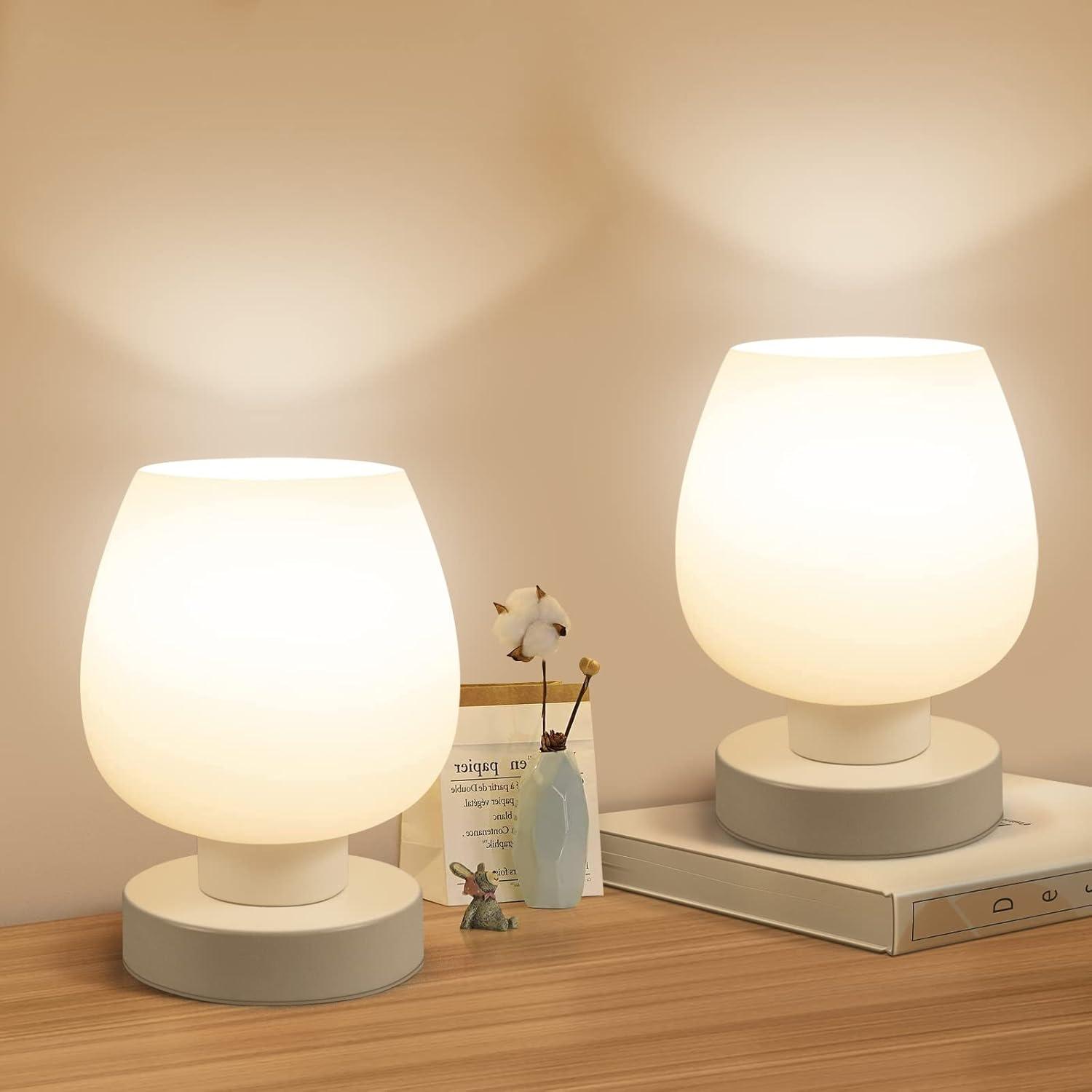 Small White Opal Glass Touch Table Lamp Set with 3-Way Switch