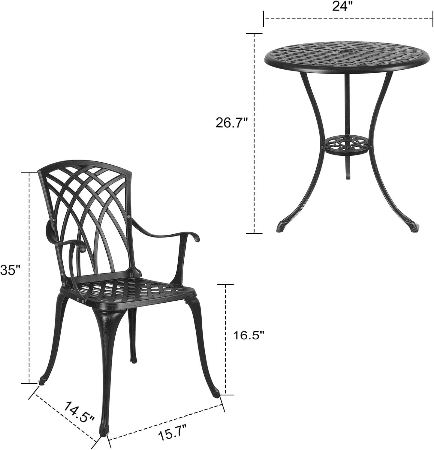 Black Cast Aluminum 3-Piece Patio Bistro Set with Armchairs