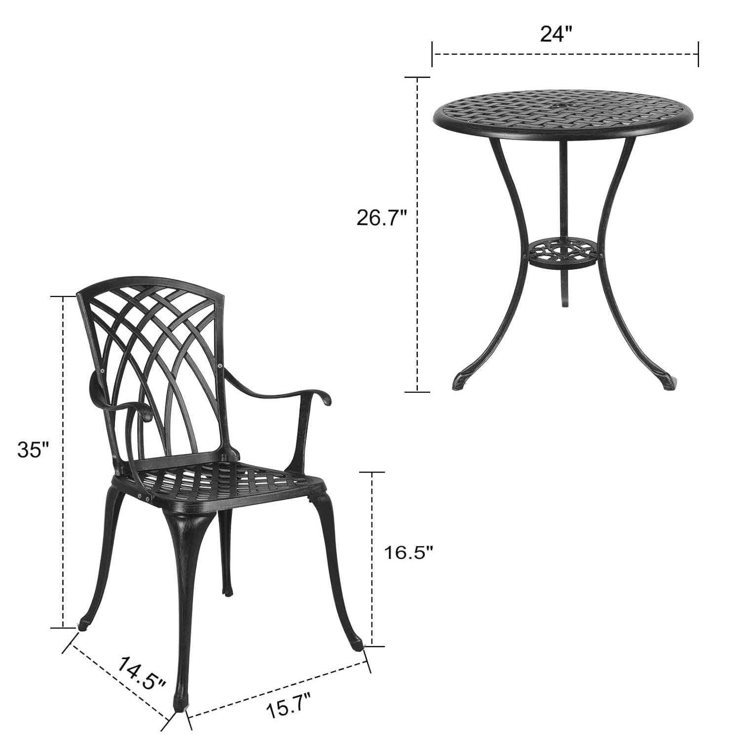 Polar Aurora 3 Piece Cast Aluminum Patio Bistro Set Table Outdoor Round Dining Armchair with Umbrella Hole for Porch, Lawn, Garden, Backyard, Pool, Black