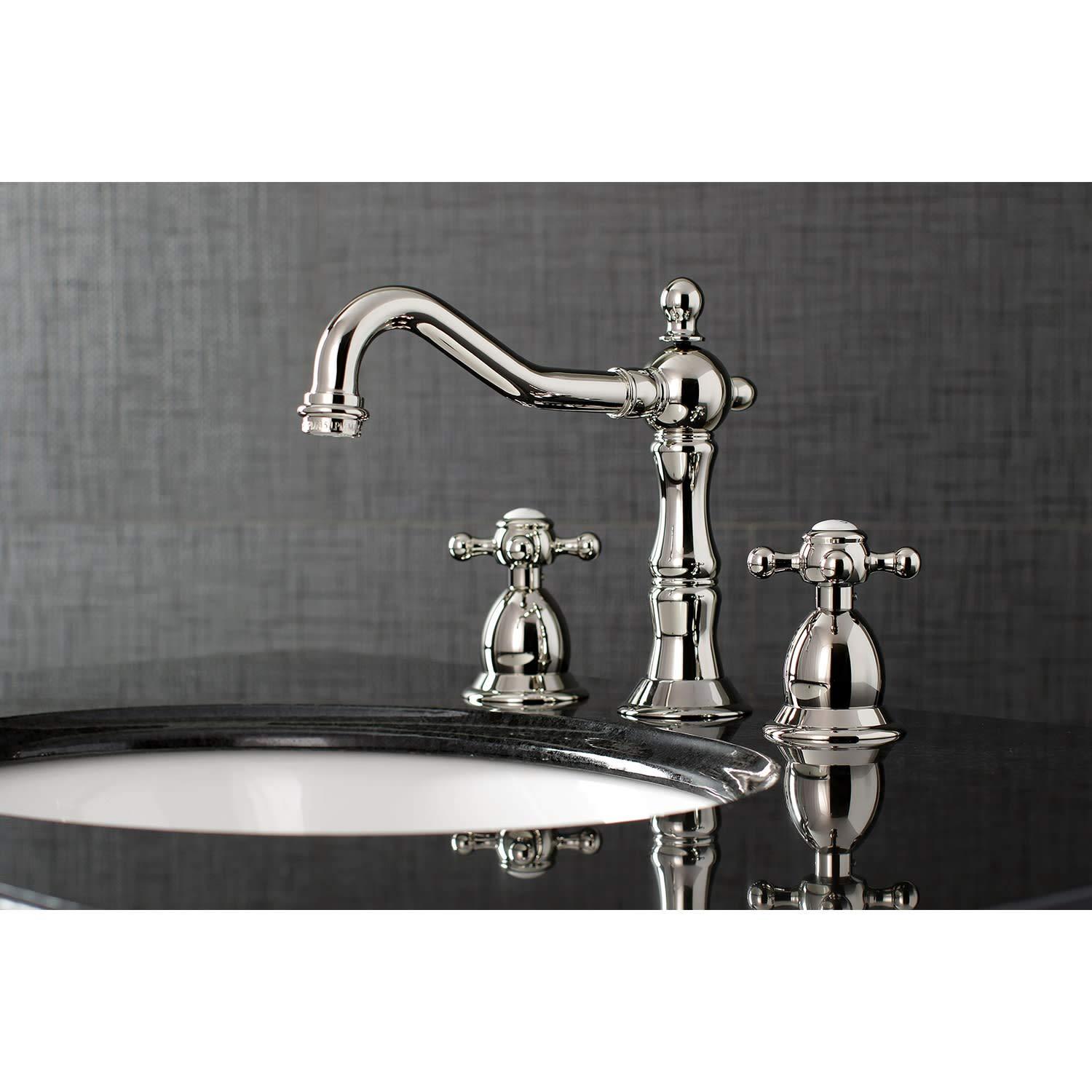 Kingston Brass Heritage Two-Handle 3-Hole Deck Mount Widespread Bathroom Faucet with Brass Pop-Up Drain