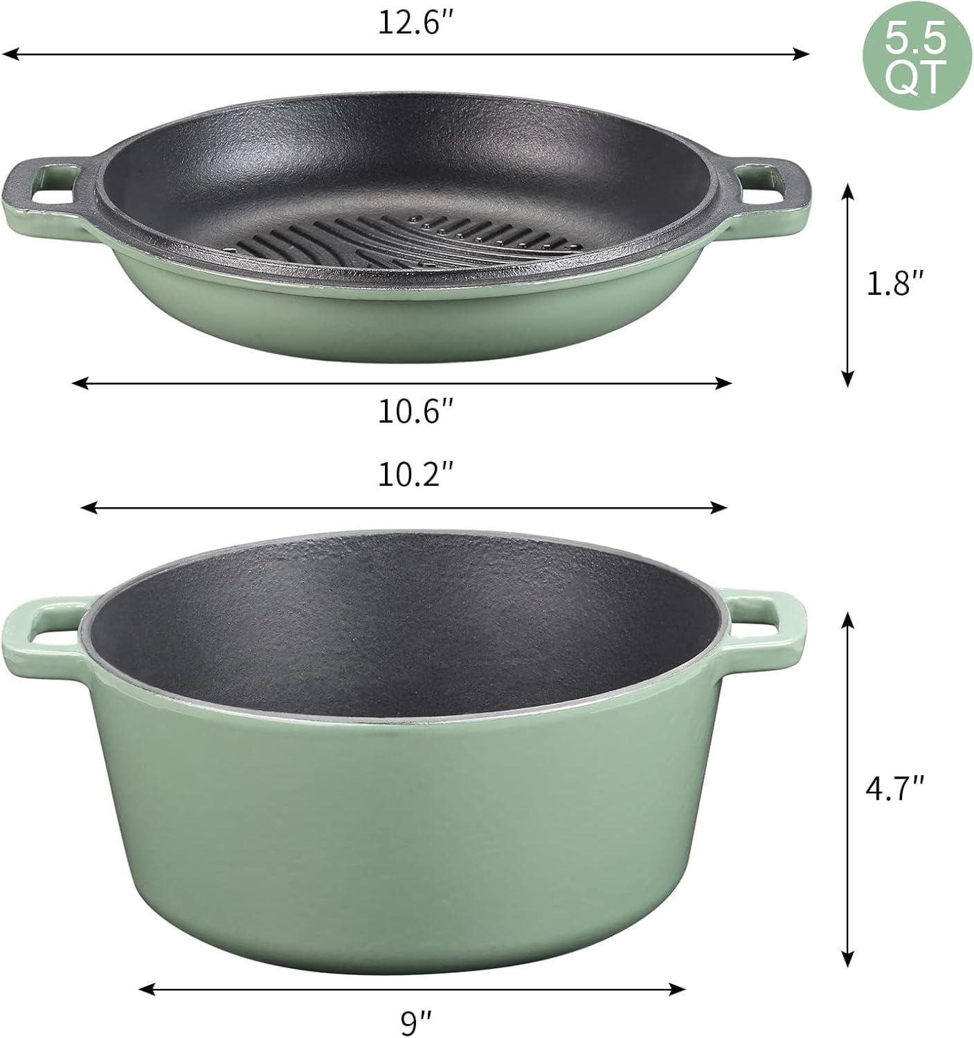 5.5 Quart Green Enameled Cast Iron Dutch Oven with Skillet Lid