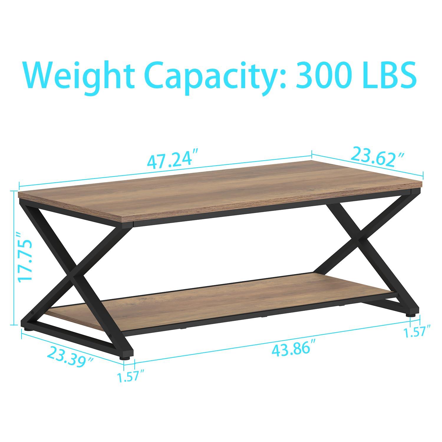 47 Inch Table with Storage Shelf, 2 Tier Rectangle Center Table Minimalist Home Tea Coffee Table