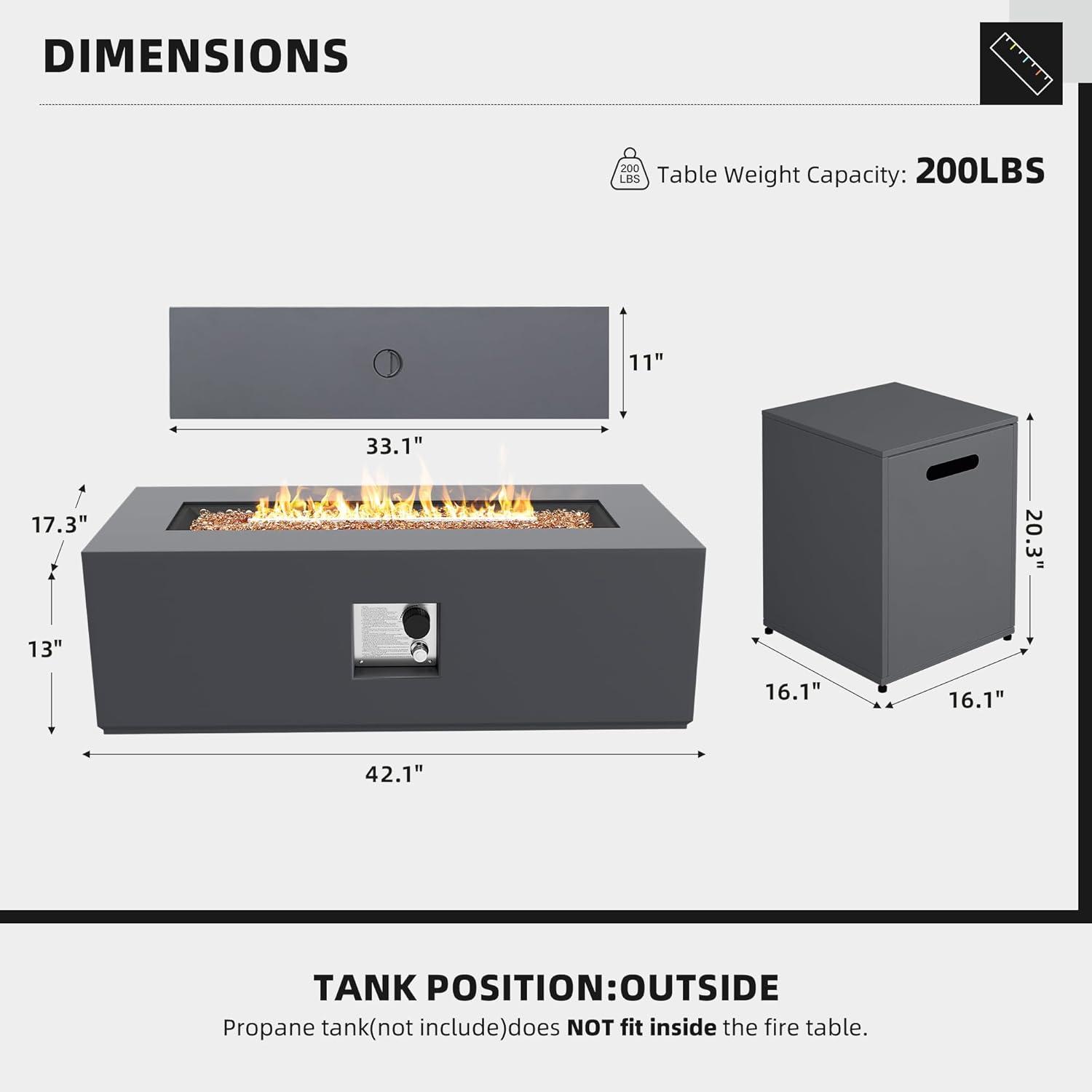 UPHA 42-inch Outdoor Propane Rectangle Fire Pit Table 50000 BTU Iron Gas FirePit for Outside Patio with Tank Cover, Removable Lid, Lava Rocks, Rain Cover, Grey