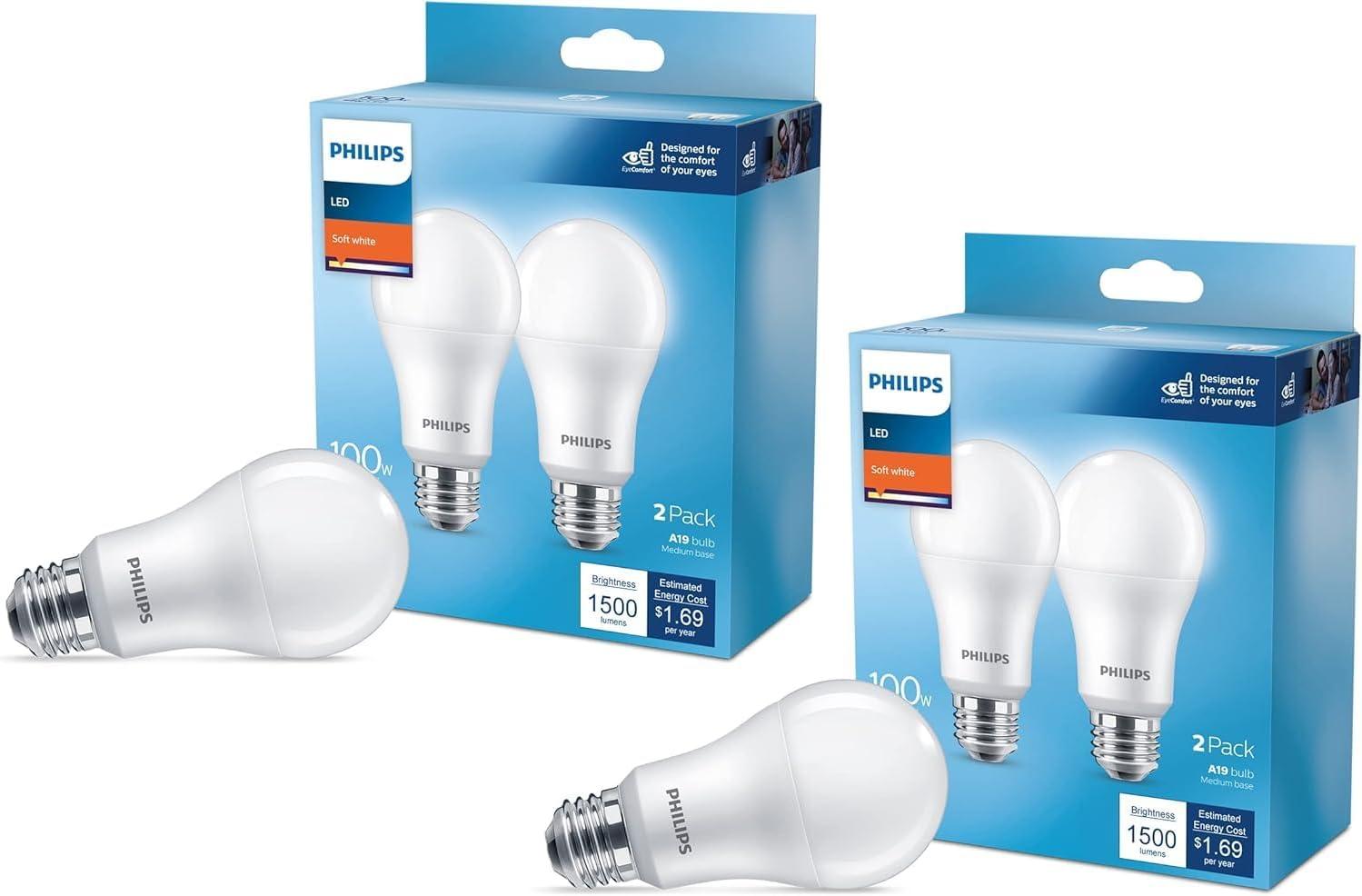 Philips LED 60-Watt A19 General Purpose Household Light Bulb, Frosted Soft White, Non-Dimmable, E26 Medium Base (4-Pack)