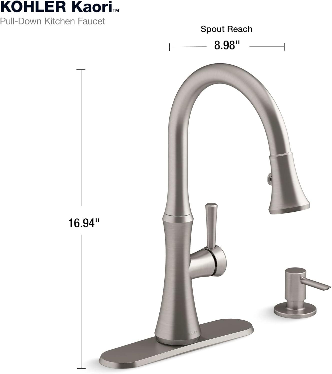 Kohler R28706-SD-VS Kaori Single Handle Kitchen Faucet with Pull Down Sprayer and Soap Dispenser, Vibrant Stainless