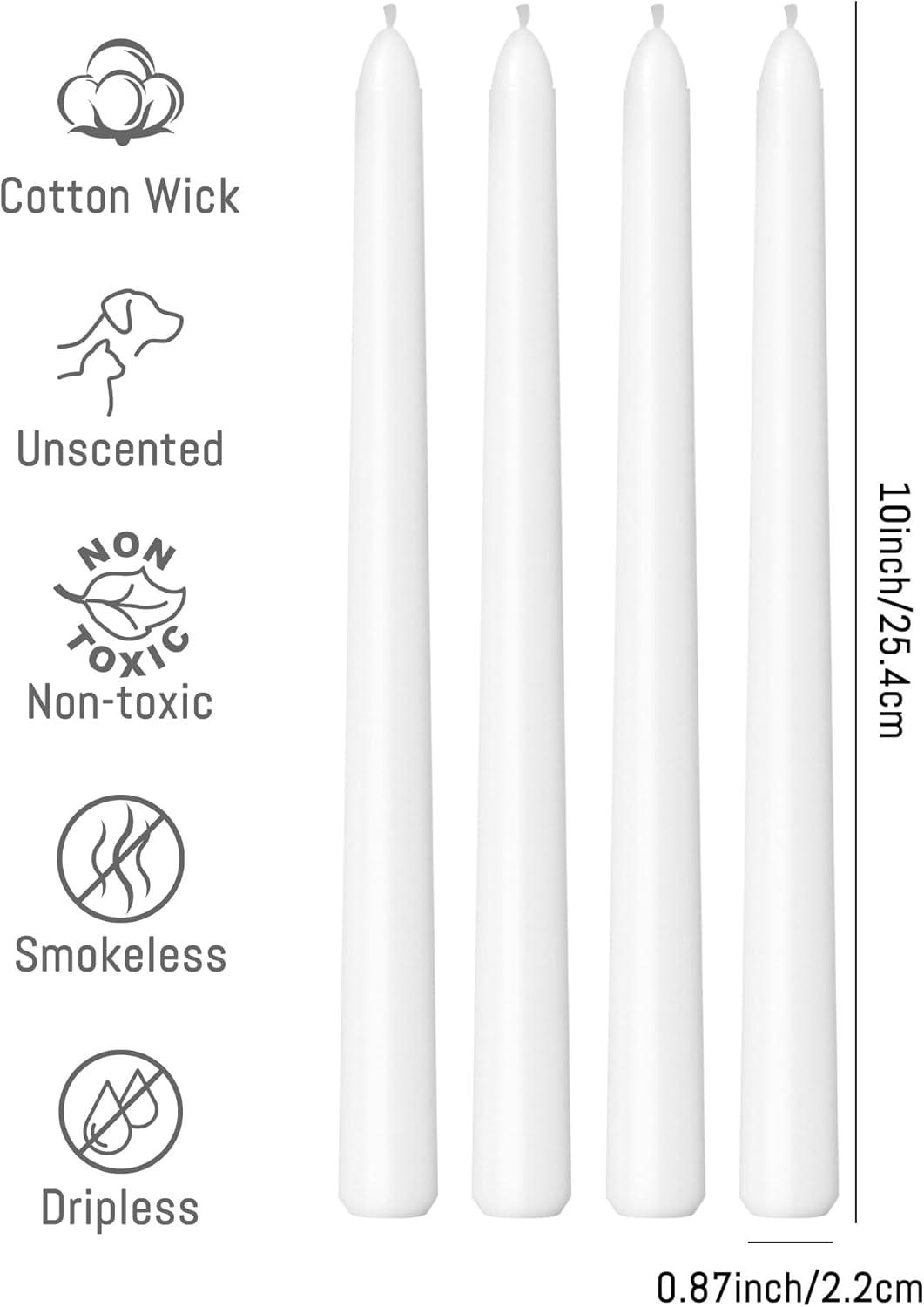 Candwax 10 inch Taper Candles Set of 4 - Dripless Taper Candles and Unscented Candlesticks - Perfect as Dinner Candles and Household Candles - White Candles