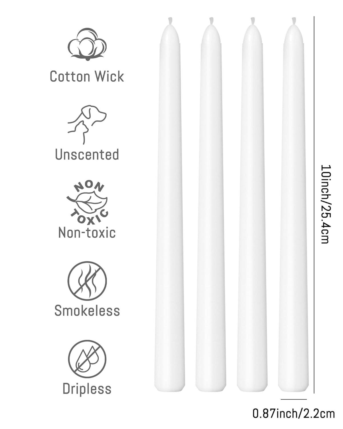 Candwax 10 inch Taper Candles Set of 4 - Dripless Taper Candles and Unscented Candlesticks - Perfect as Dinner Candles and Household Candles - White Candles