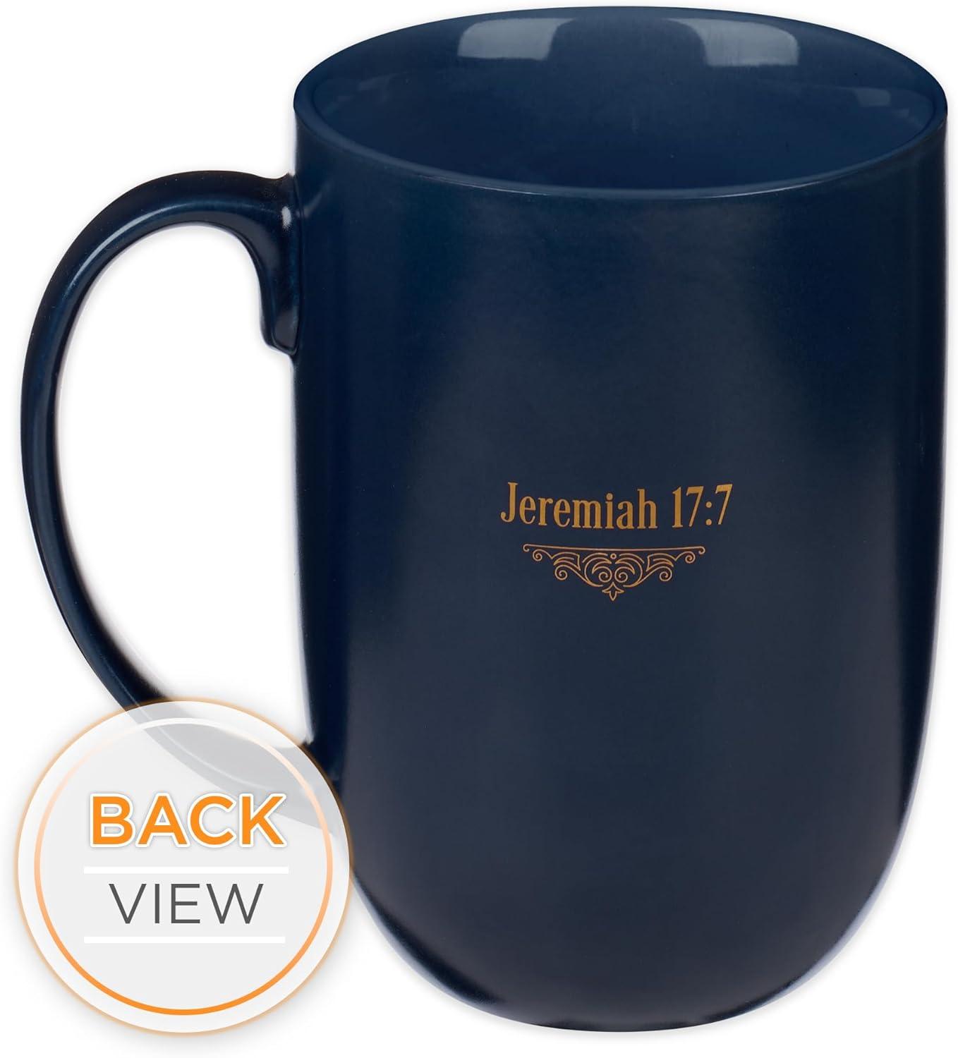 Christian Art Gifts Ceramic Large Coffee & Tea Mug for Men & Women: Blessed is the One Who Trusts - Jeremiah 17:7 Inspirational Bible Verse w/Golden Accents & Sturdy Handle, Navy Blue, 15 fl. oz.