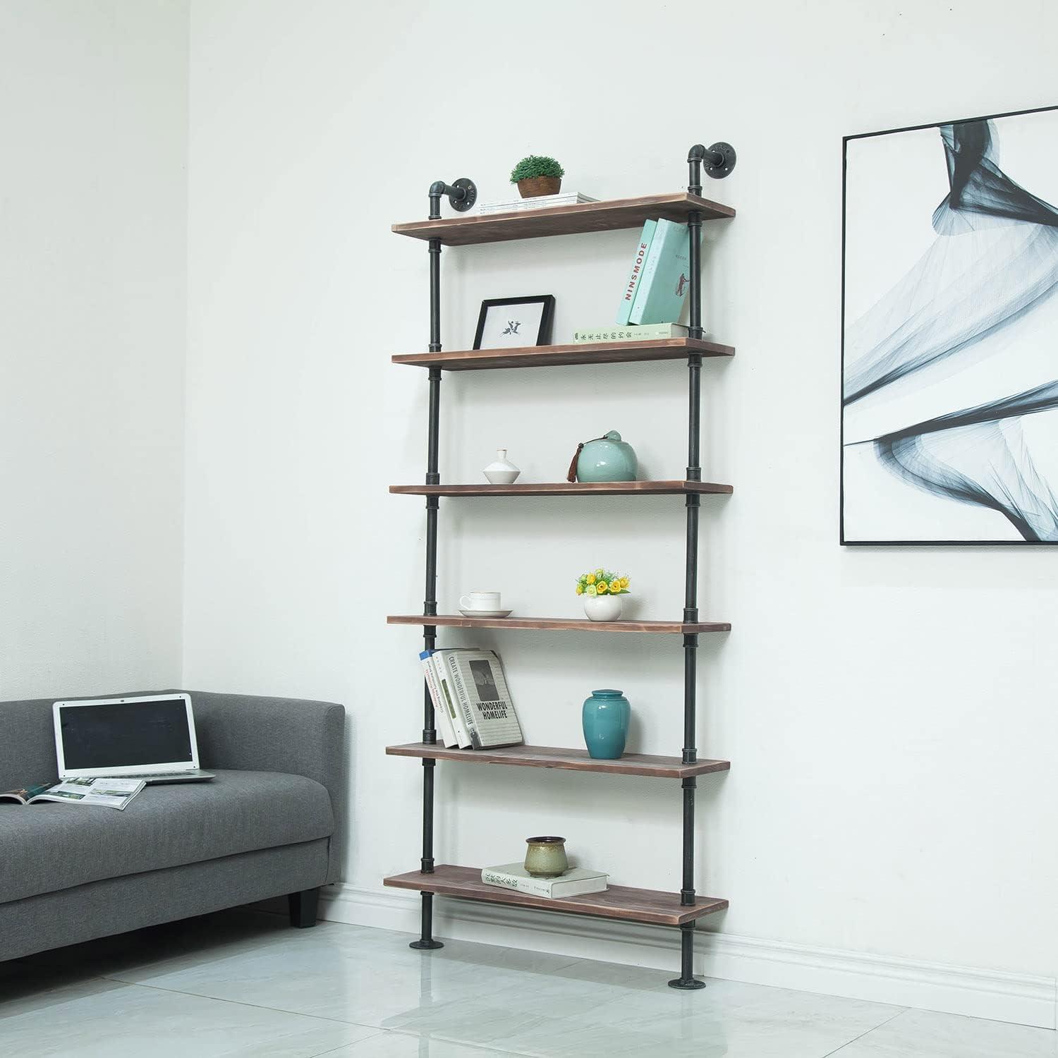 Industrial Pine and Black 6-Shelf Wall Mounted Bookshelf