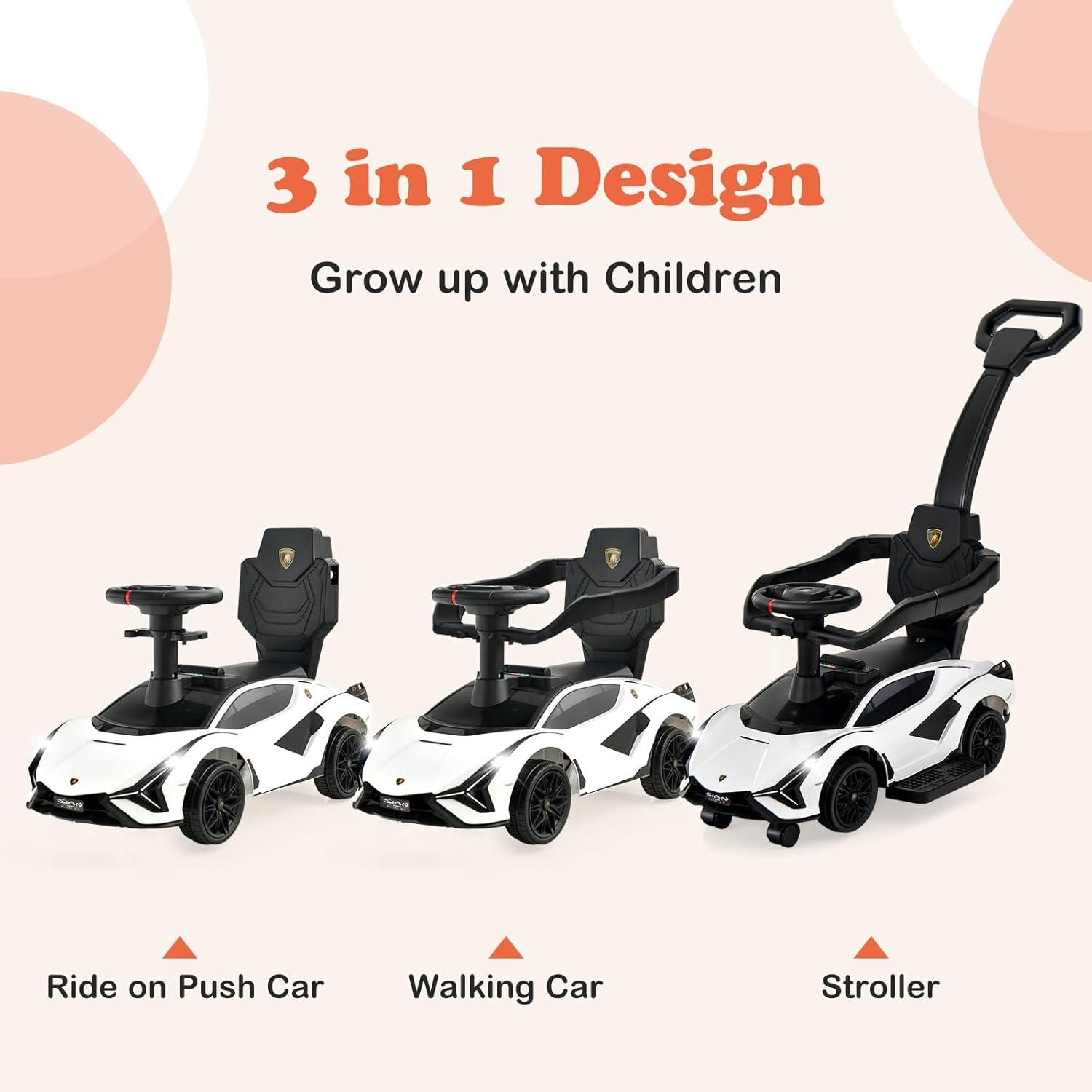 OLAKIDS 3 In 1 Ride on Push Car, Licensed Lamborghini Stroller Sliding Walking Car with Push Handle, Music, USB, Headlight, Under Seat Storage, Kids Foot-to-Floor Toy for 18-60 Months