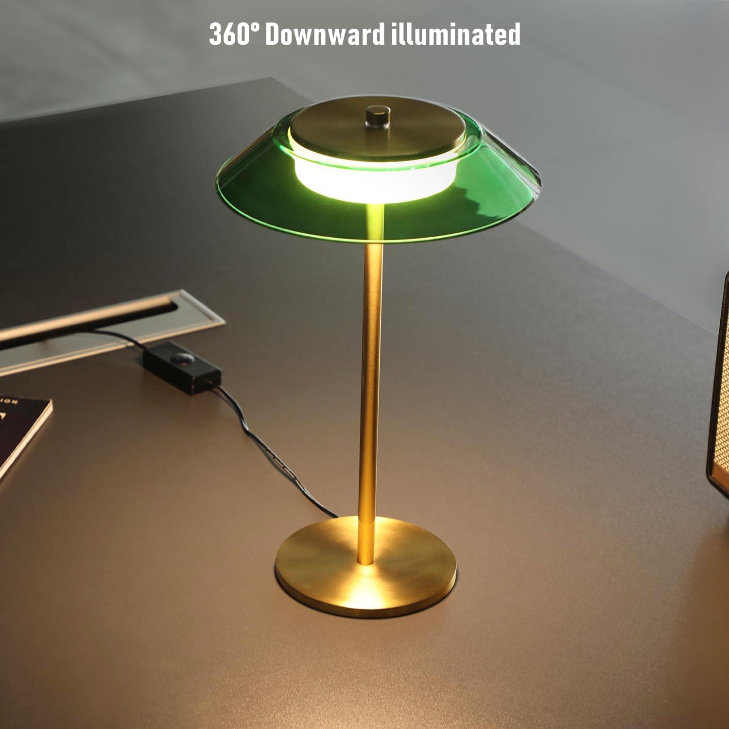 TORCHSTAR Green Glass Desk Lamps with Antique Brass Body, 330LM 3-Step Dimmable, 100-240V Integrated LED Table Lamp for Bedside Living Room, ETL&UL Listed, 3000K Warm White