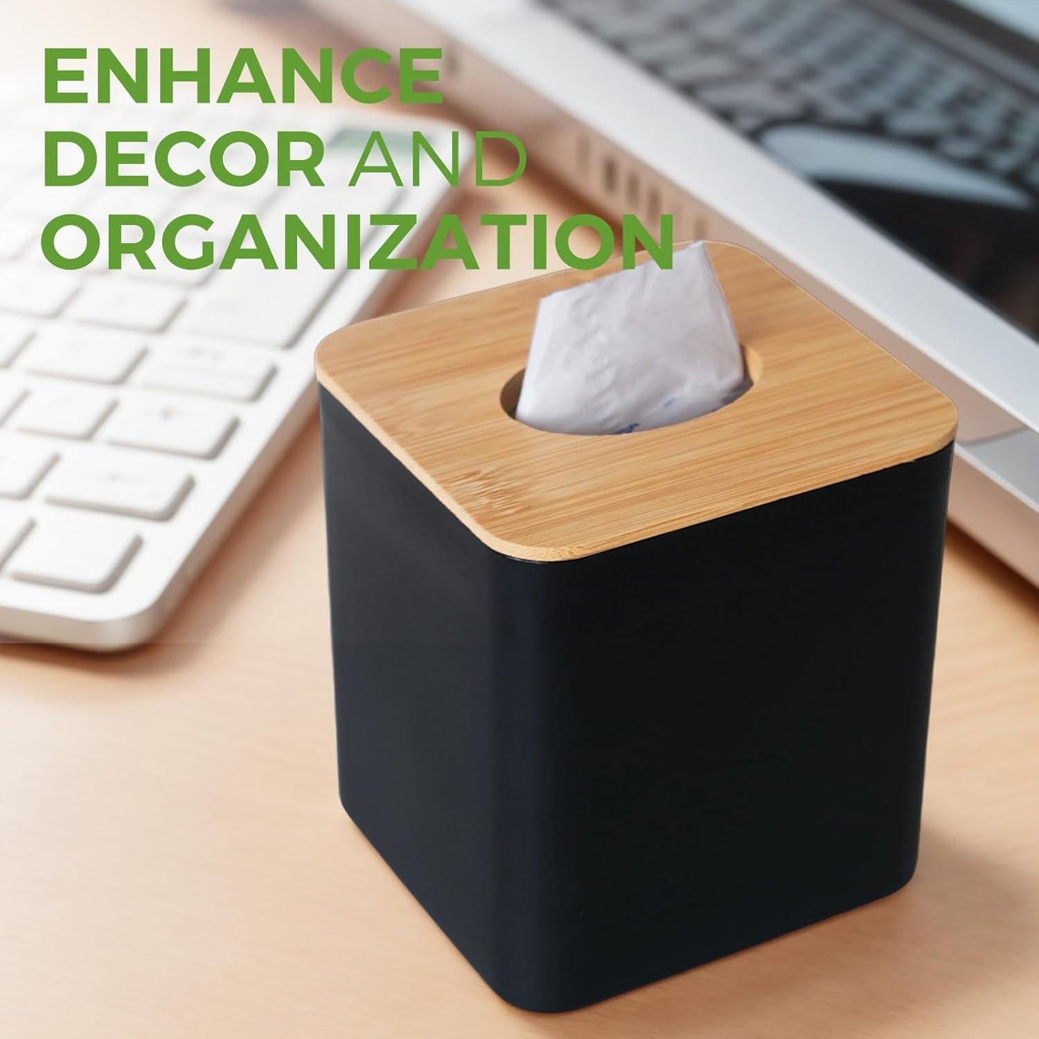 Tissue Box Cover Square, Black Tissue Box Holder with Bamboo Cover Plate, Cube Tissue Box Cover for Desk Accessories, Tissue Holders Decorative Square Tissue Box Tissue Holders for Bathrooms Bedrooms