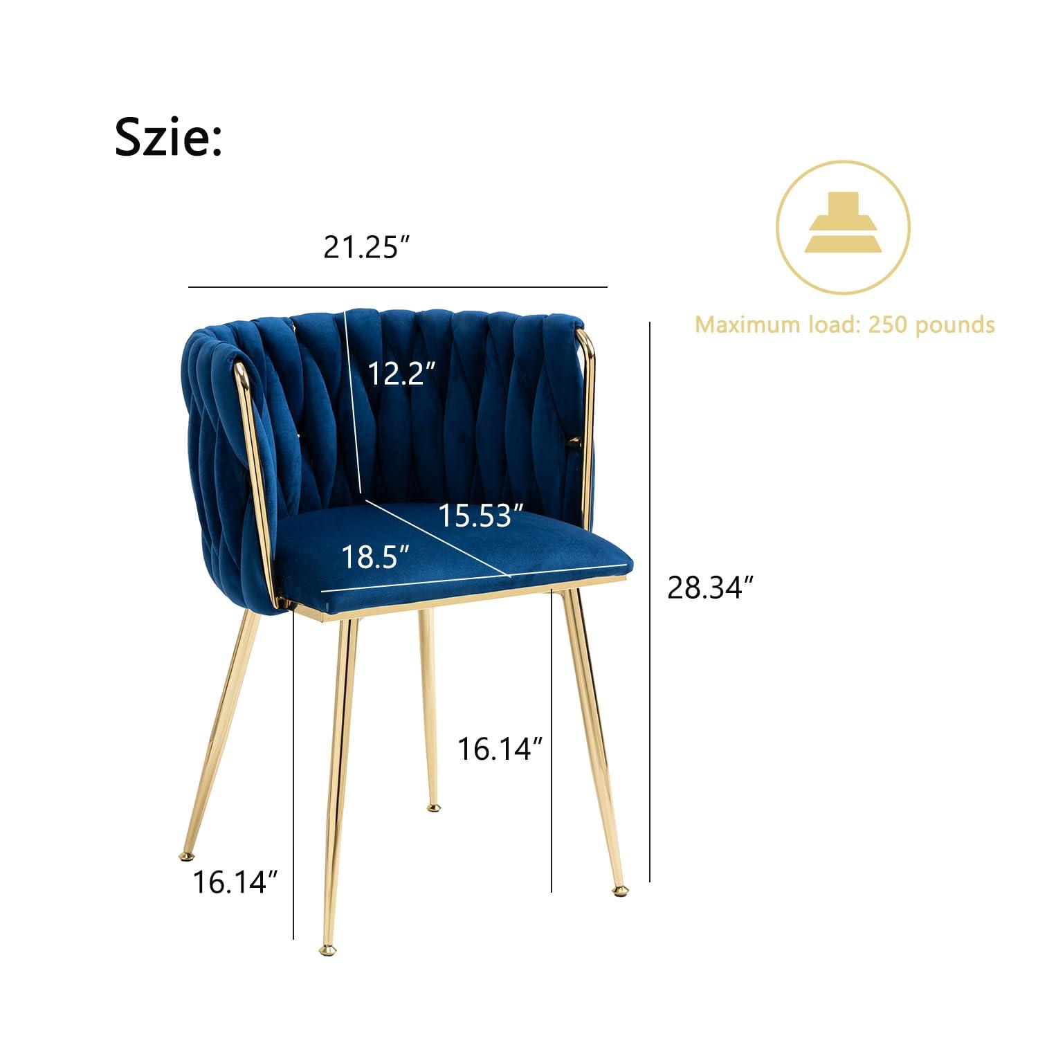 Mercer41 Dining Chairs Set of 2, Woven Upholstered Dining Chairs with Gold Metal Legs(Navy Velvet)